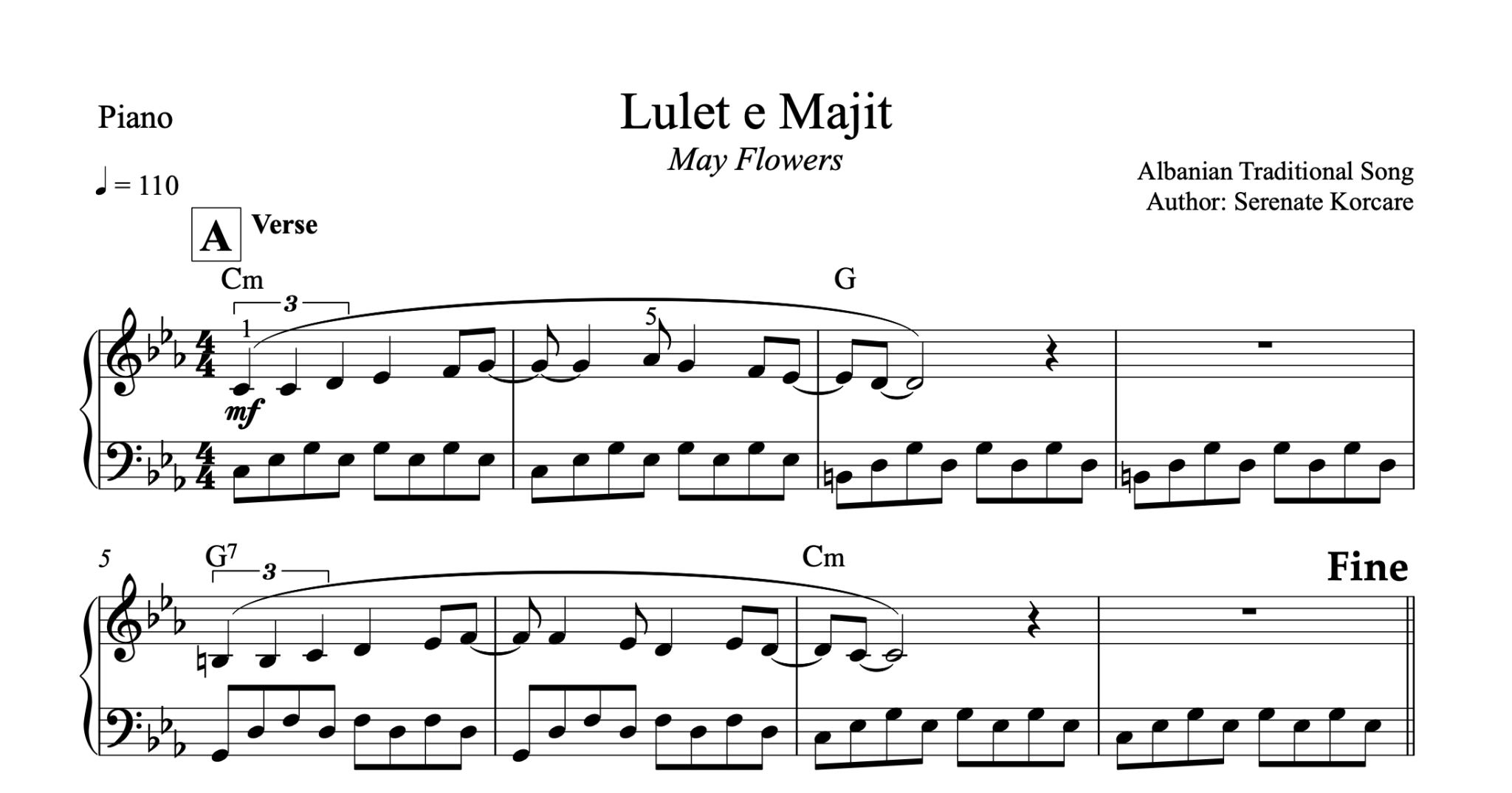 jete jete ekla pothe notation Lulet e majit, Albanian Piano Sheet Music – Alb Music Notes