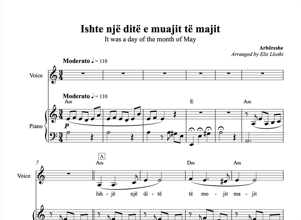 Ishte një ditë e muajit të majit - Arbëreshe - Piano and Voice Sheet Music