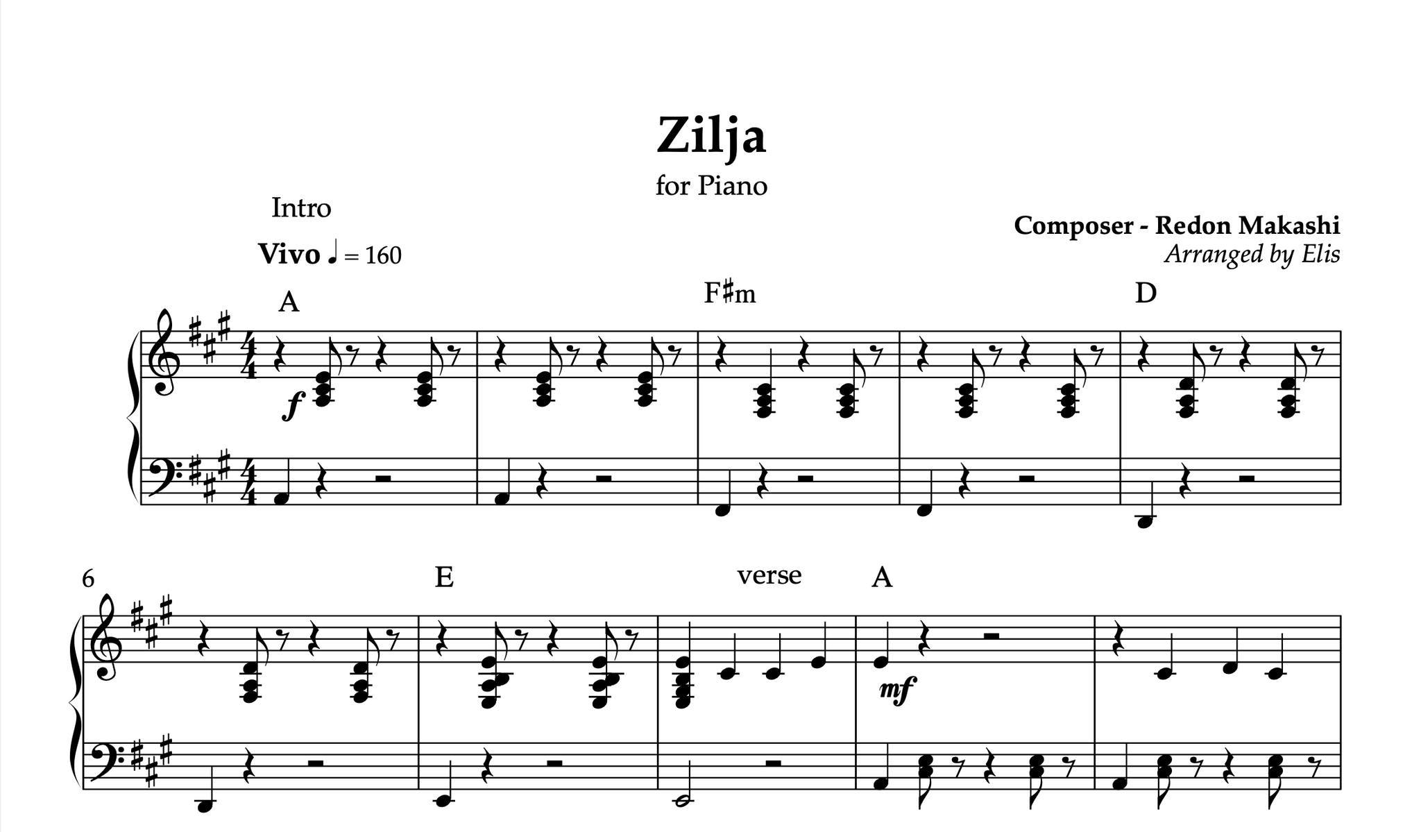 Zilja, Piano sheet + chords