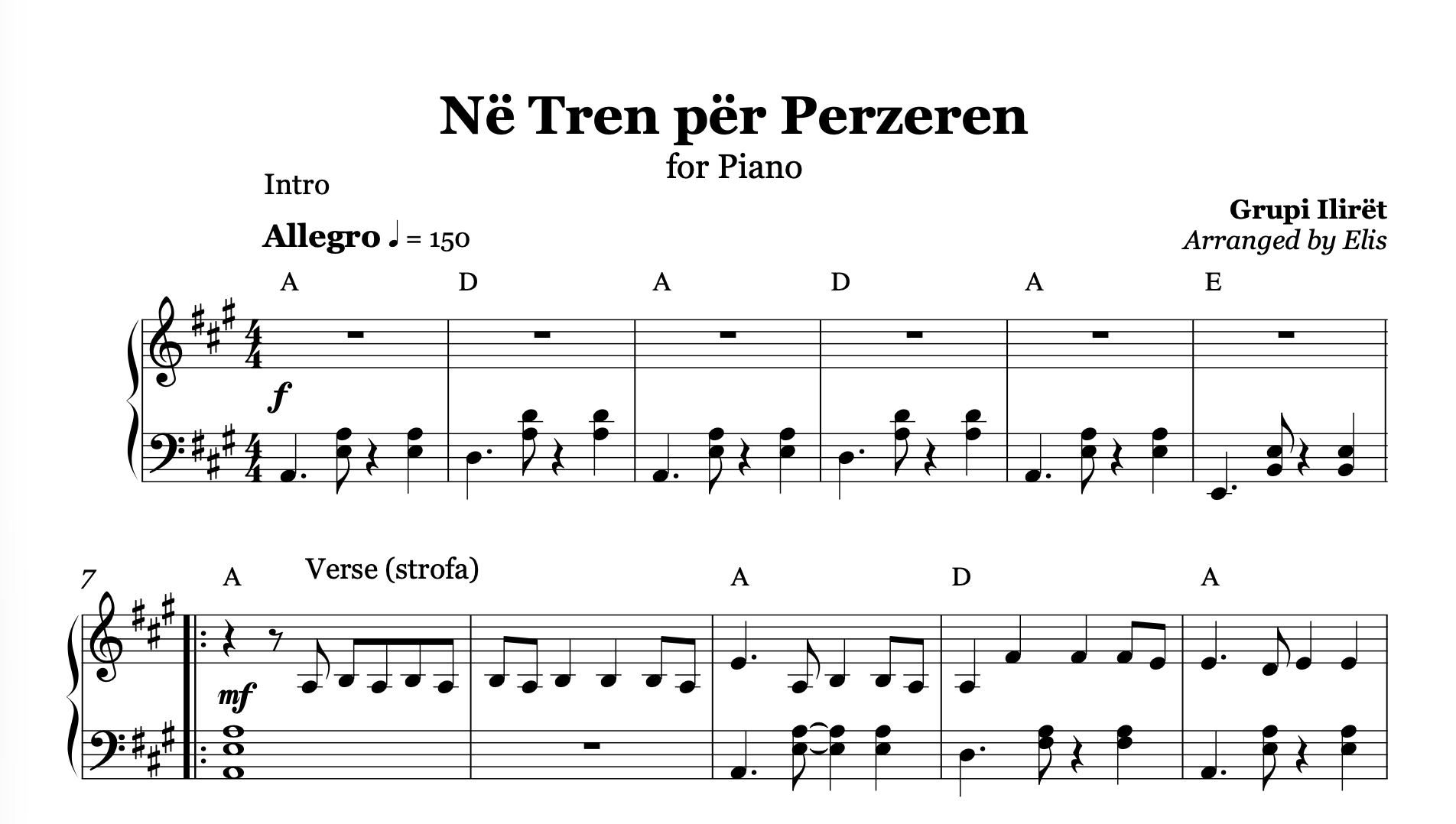 Në Tren për Perzeren, Albanian Piano Sheet Music