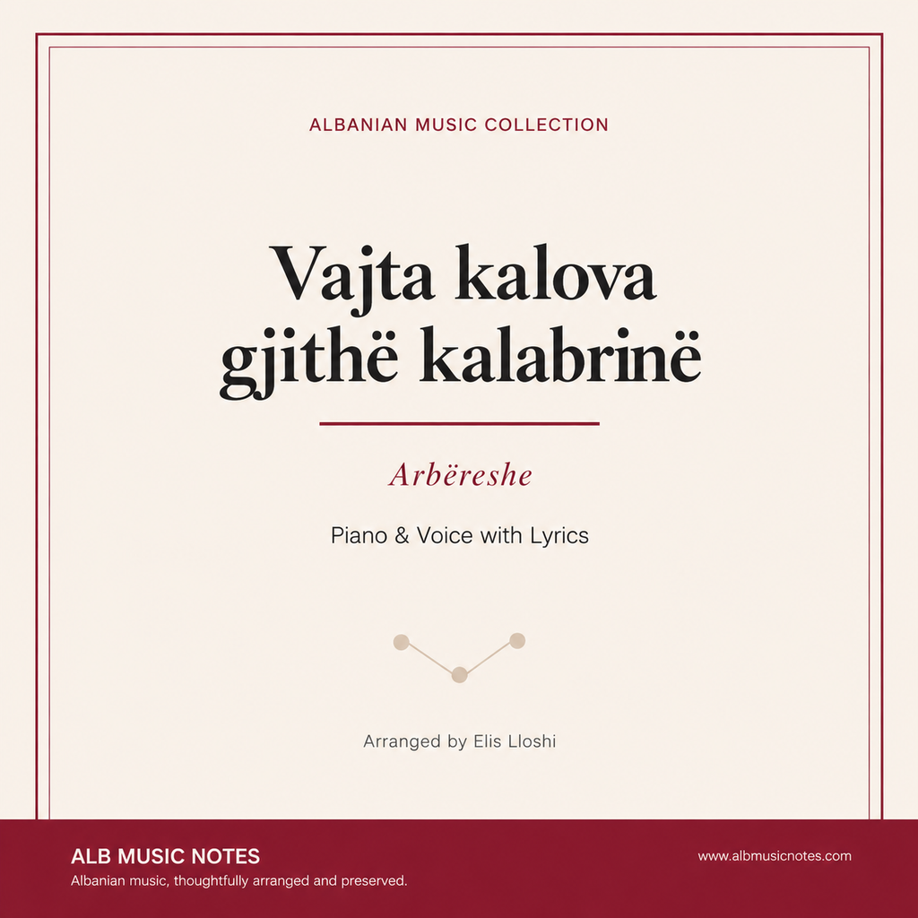 Album cover for 'Vajta kalova gjithé kalabriné' by Elis Loshi, featuring Albanian music collection branding and piano/voice with lyrics text on a cream background with a dark red footer.