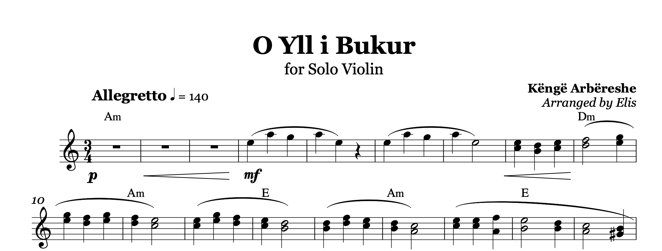 O Yll i Bukur, Albanian Violin Sheet Music
