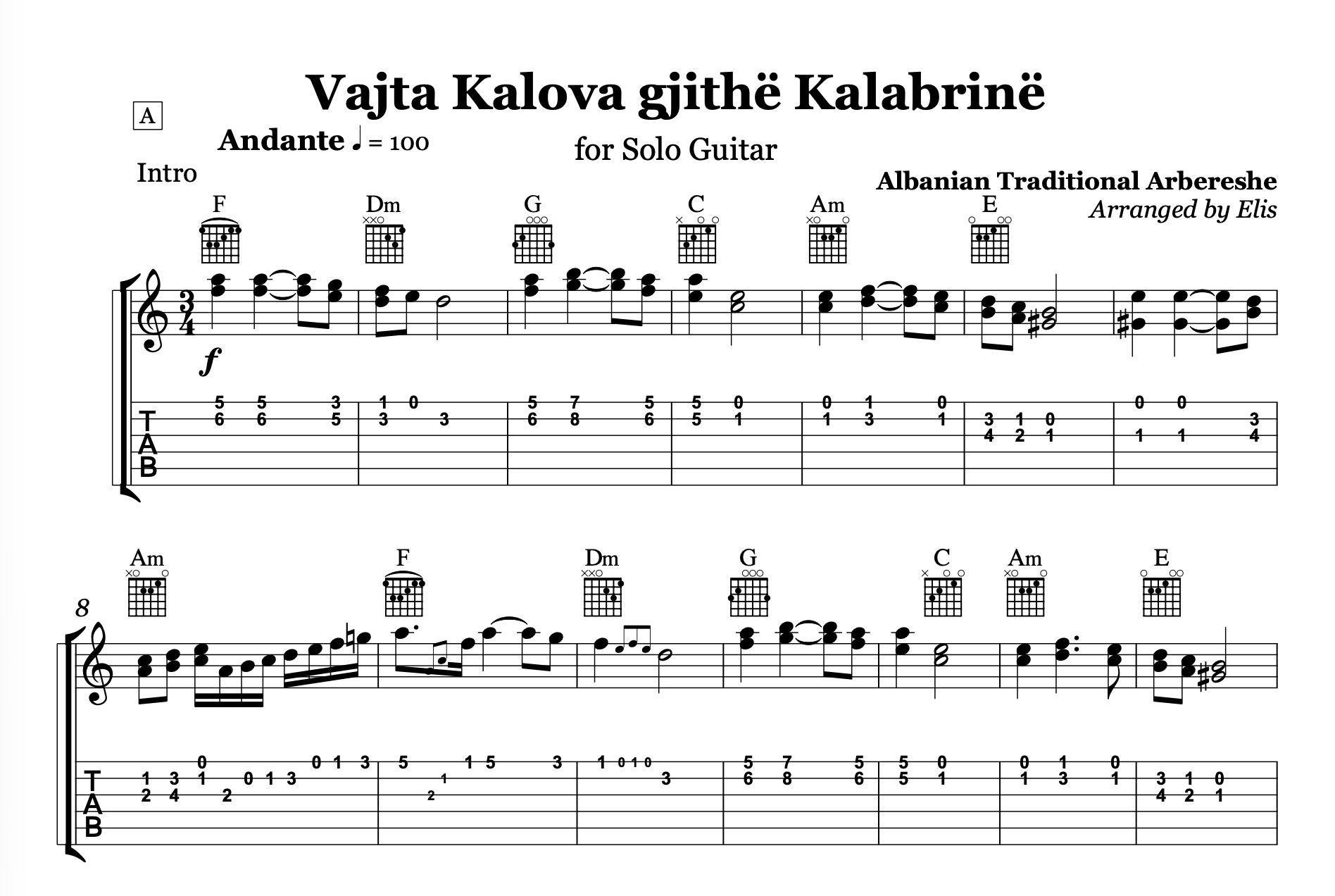 Sheet music for a solo guitar piece titled 'Vajta Kalova gjithè Kalabriné' with tablature and notes.