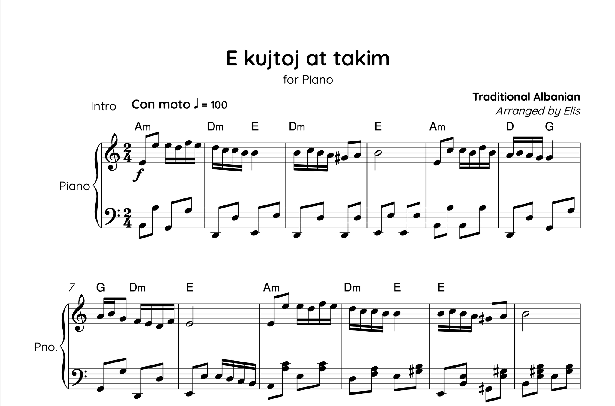 E kujtoj at takim, Piano sheet + Chords