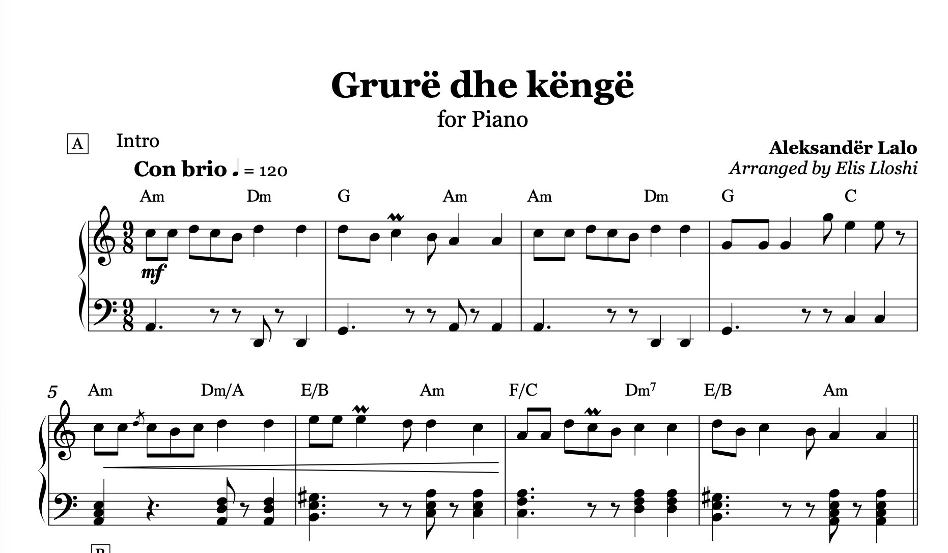 Grurë dhe Këngë - Albanian Piano Sheet Music (Digital PDF Download)