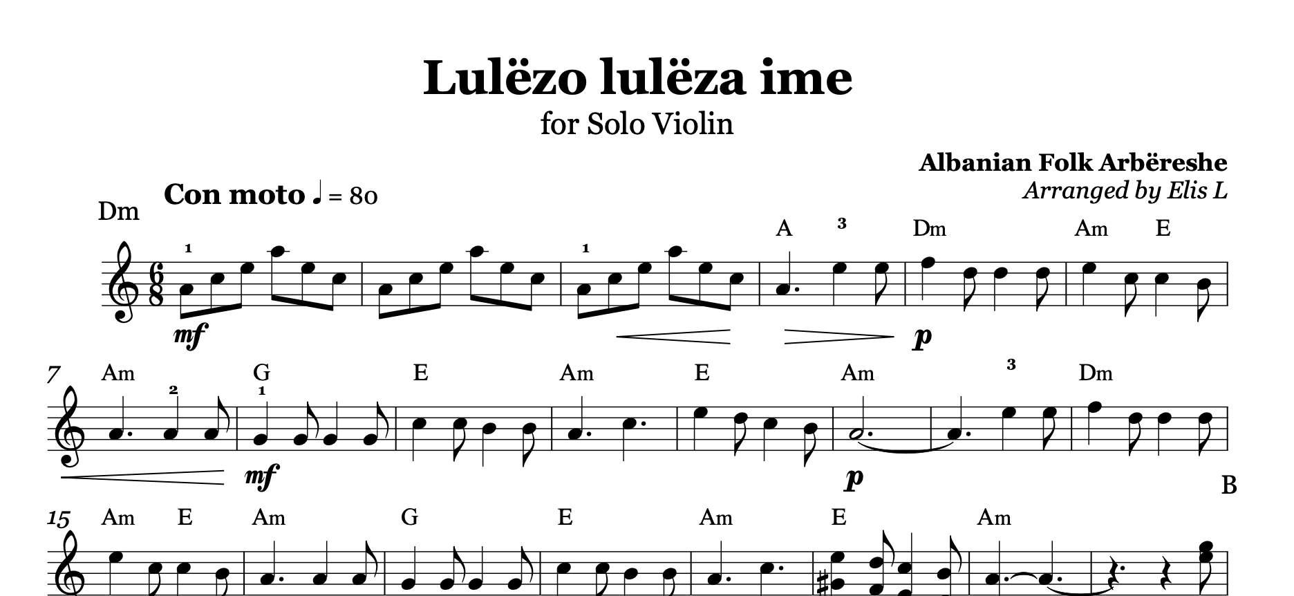 Luleza ime, Albanian Violin Sheet Music