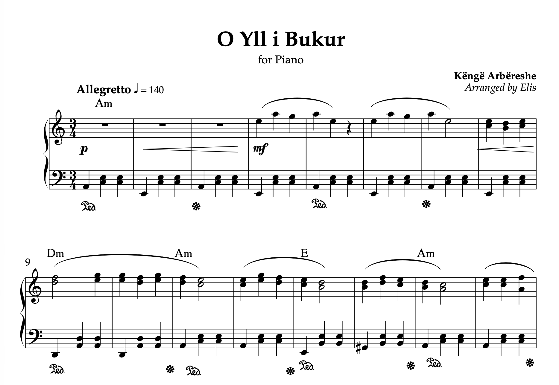 Sheet music for 'O Yll i Bukur' arranged by Elis on a white background