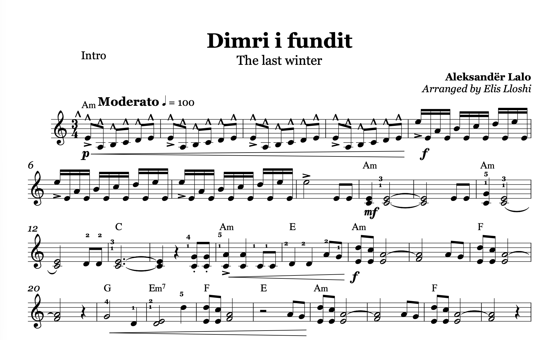 Dimri i fundit,  Albanian Violin Sheet Music