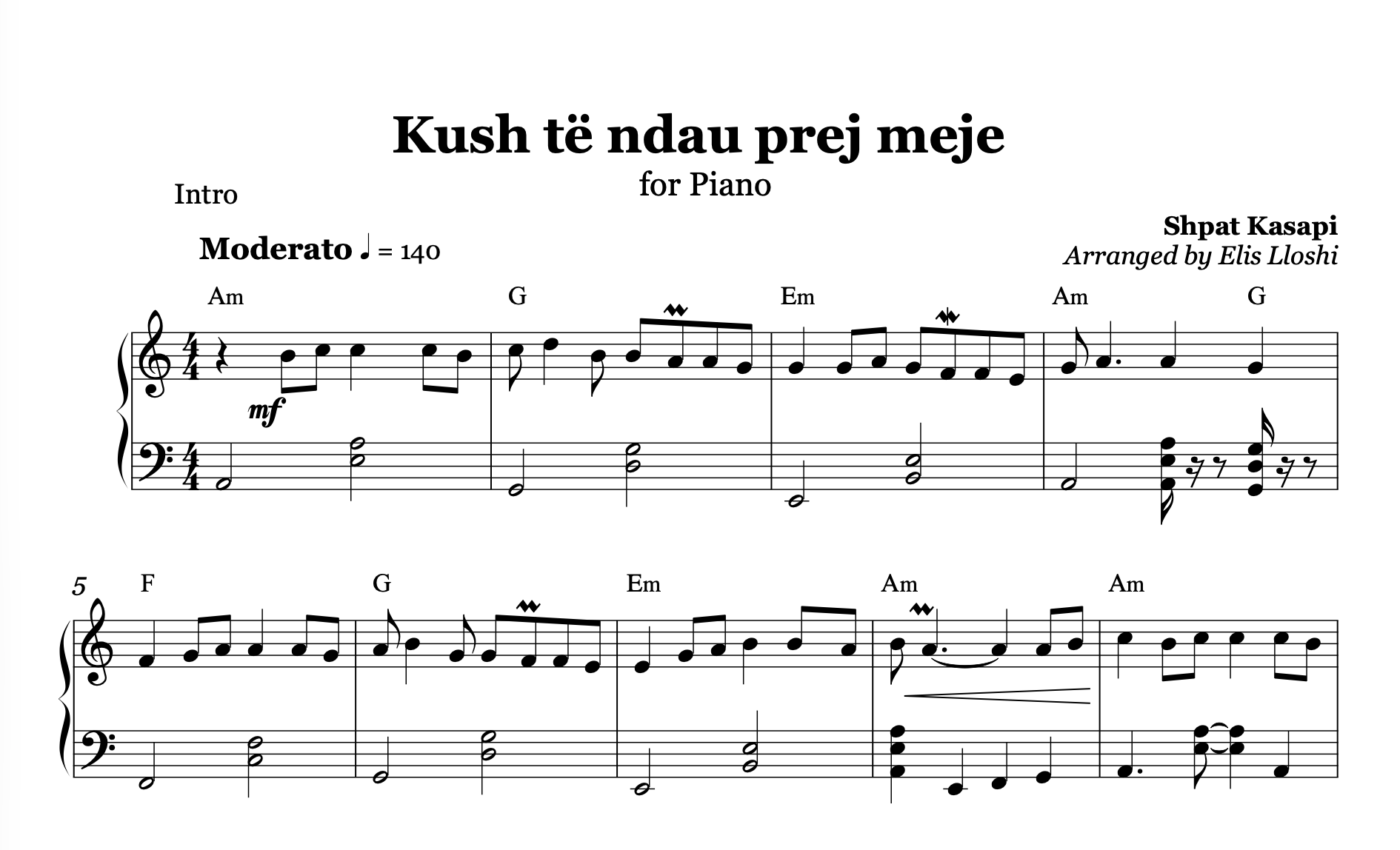 Kush të ndau prej meje, Albanian Piano Sheet Music