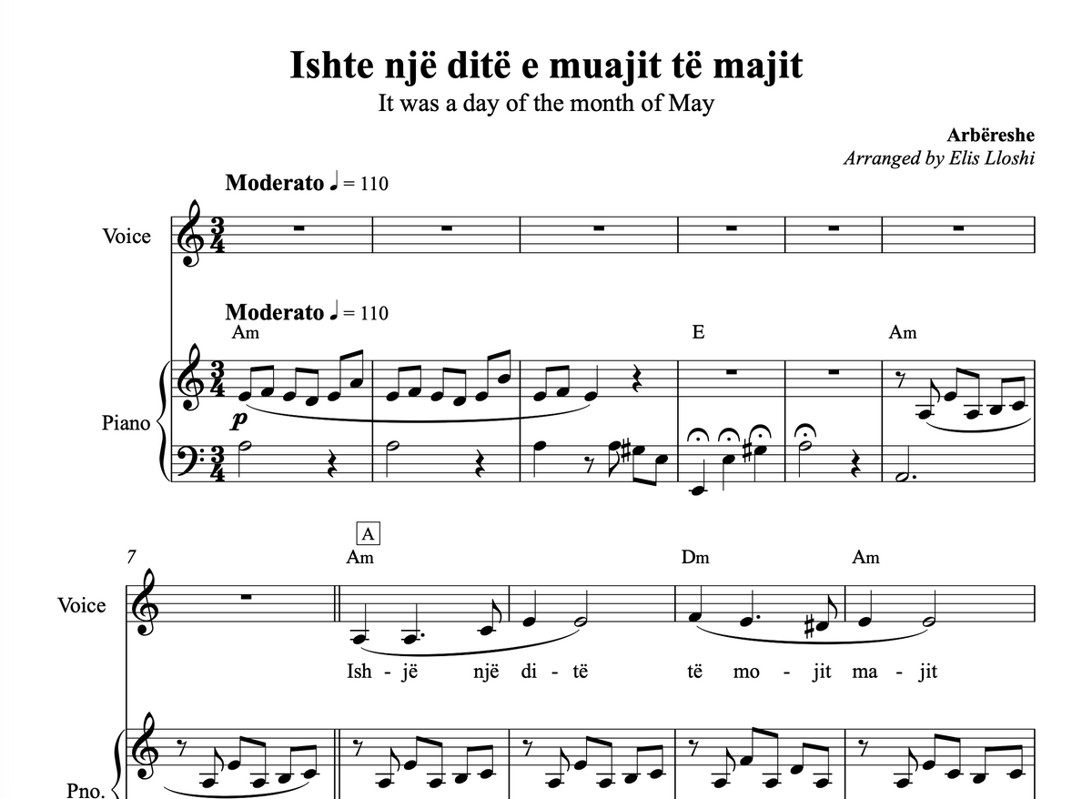 Ishte një ditë e muajit të majit - Arbëreshe - Piano and Voice Sheet Music