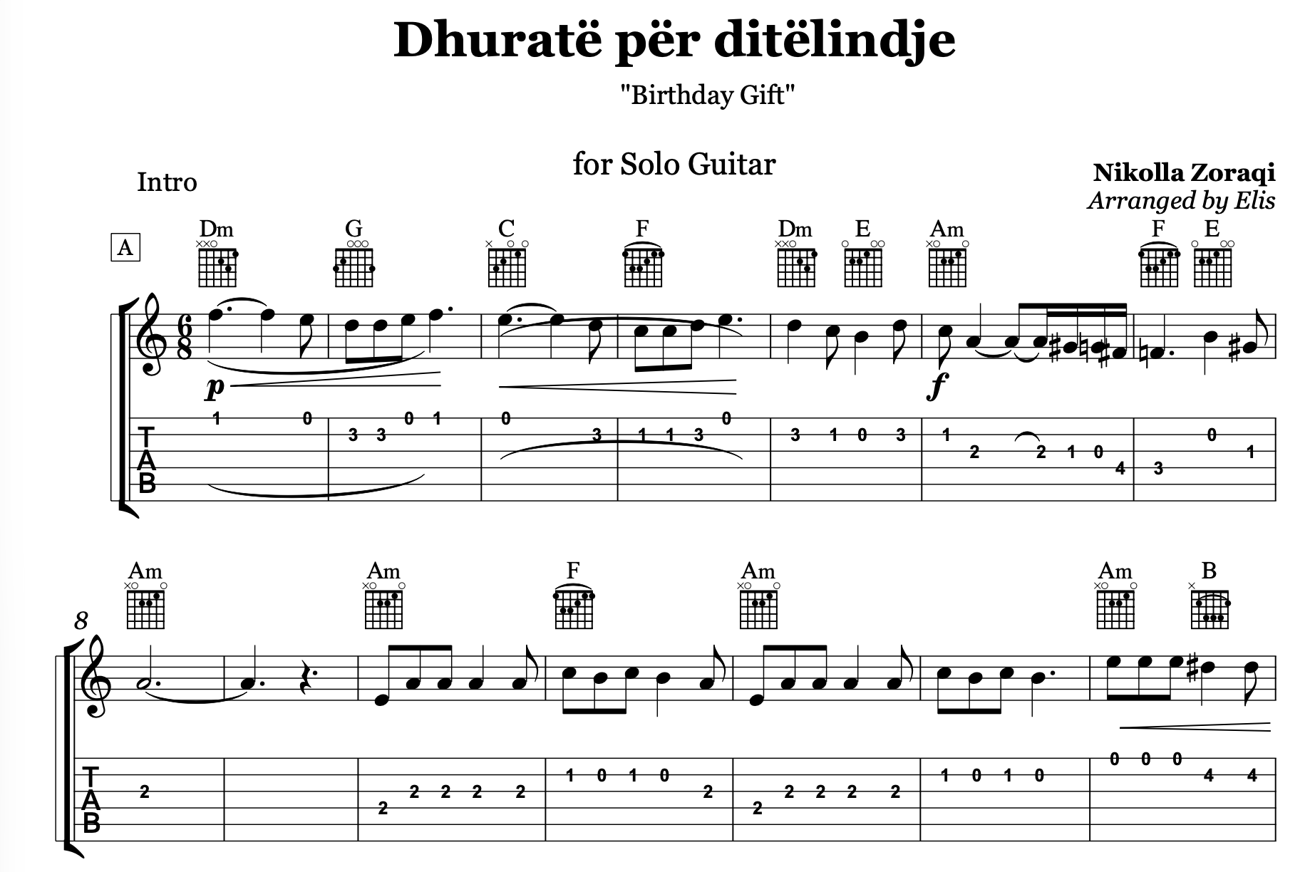 Dhuratë për ditëlindje, Guitar sheet + Chords