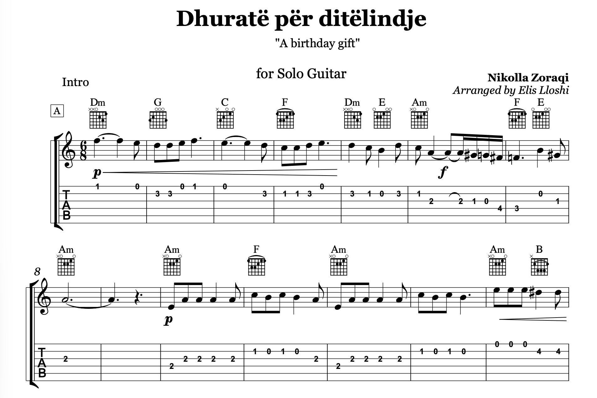 Dhuratë për ditëlindje, Albanian Guitar Sheet Music