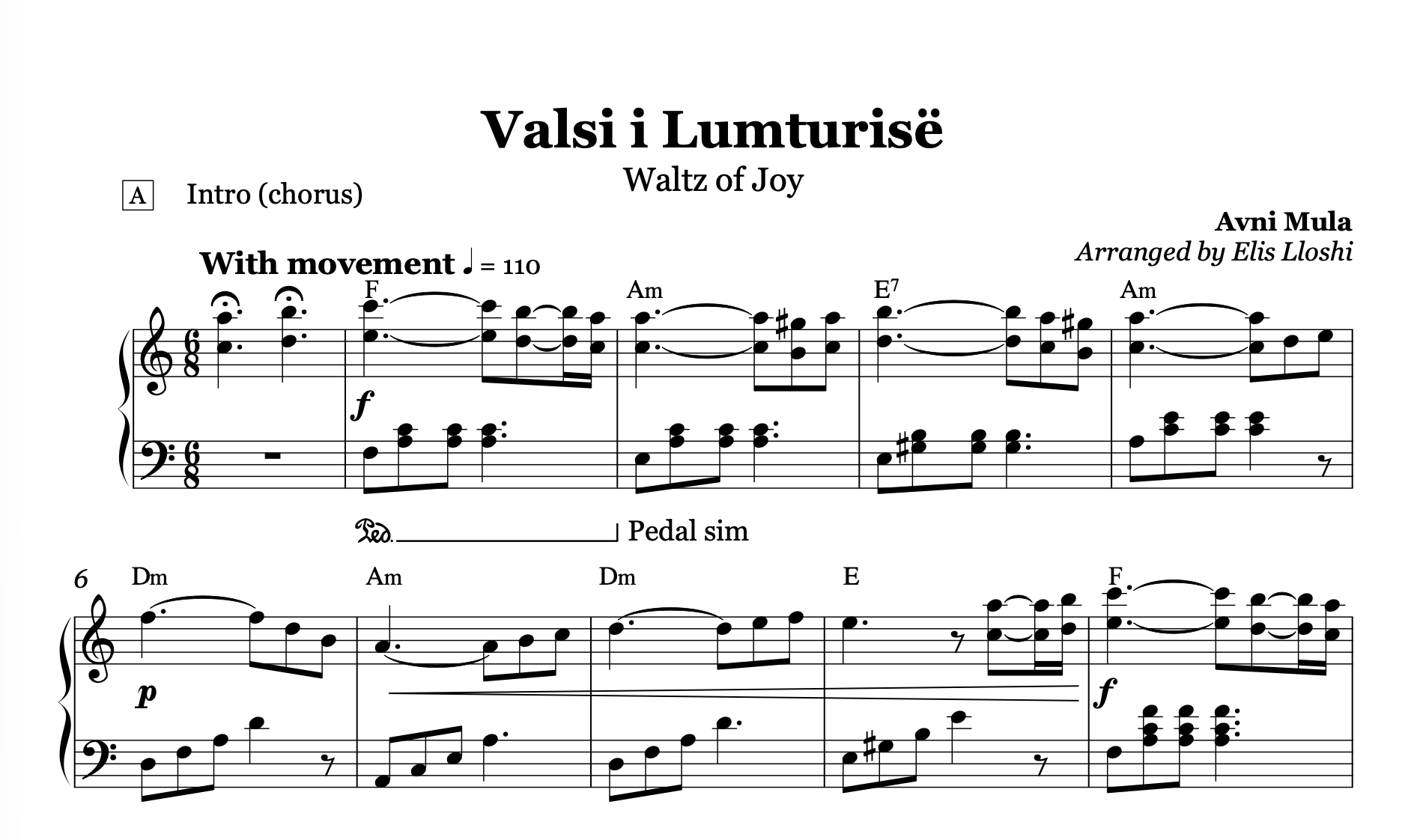 Valsi i lumturise, Albanian Piano Sheet Music