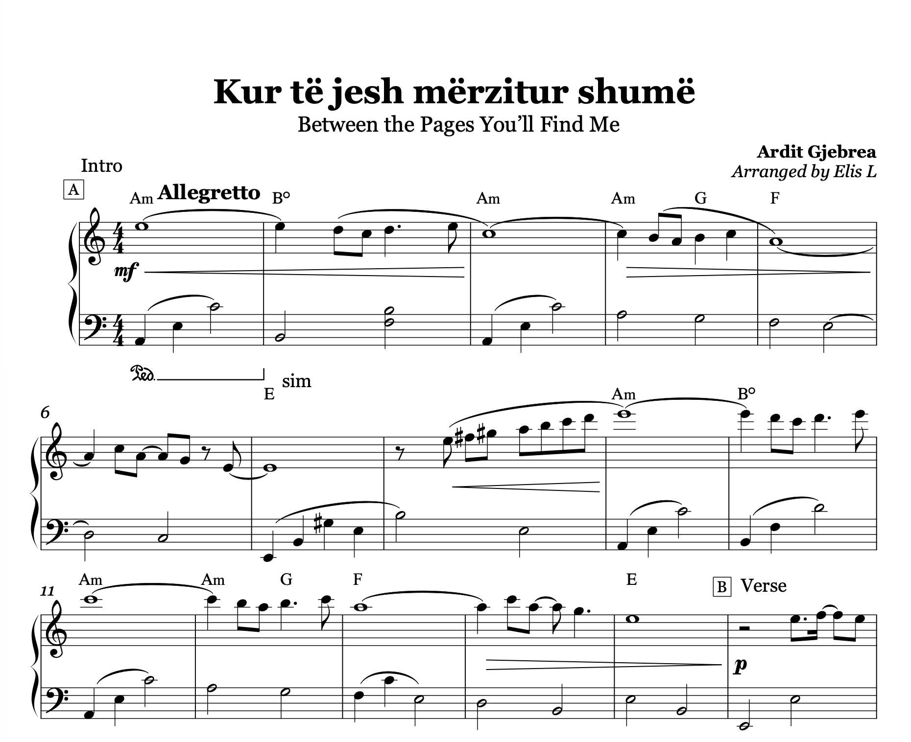 Kur të jesh mërzitur shumë, Albanian Piano Sheet Music