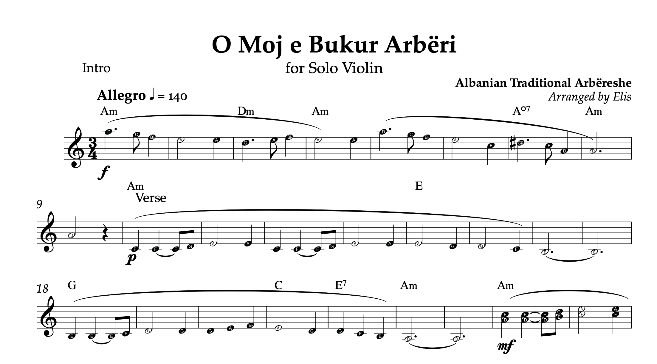 O Moj e Bukur Arbëri, Violin Sheet Music and Chords