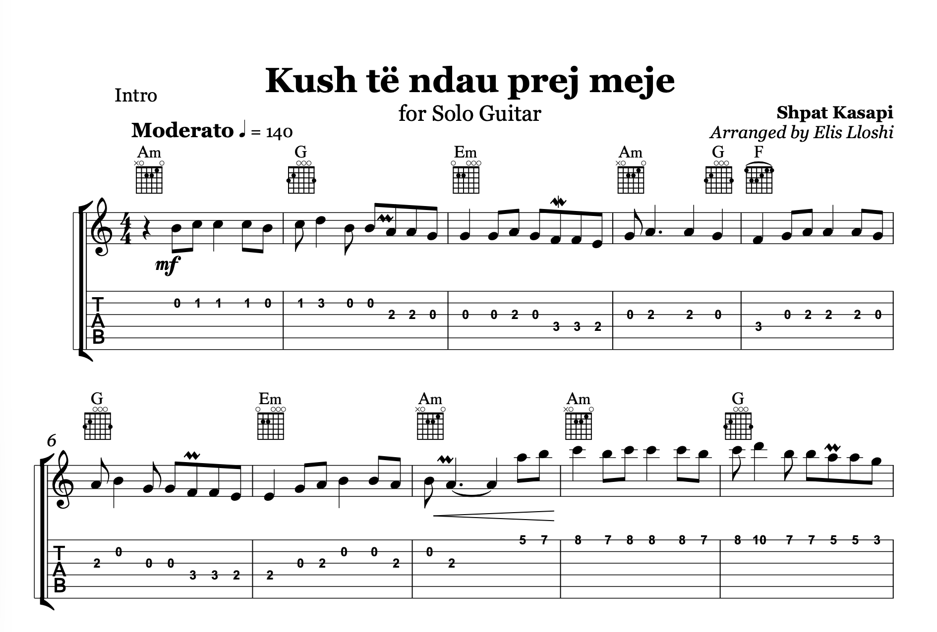 Sheet music for a solo guitar piece titled 'Kush té ndau prej meje' with tablature and tempo information.