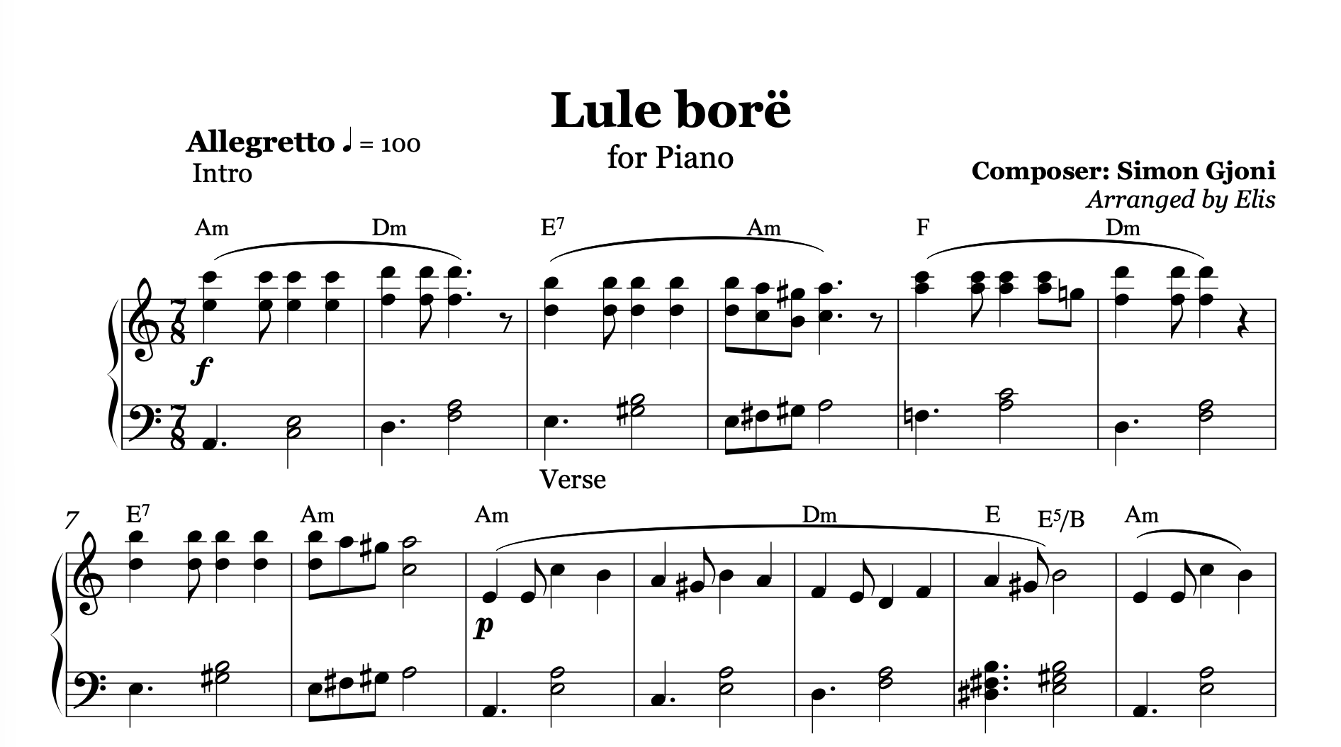 Lule Bore, Piano Sheet Music and Chords