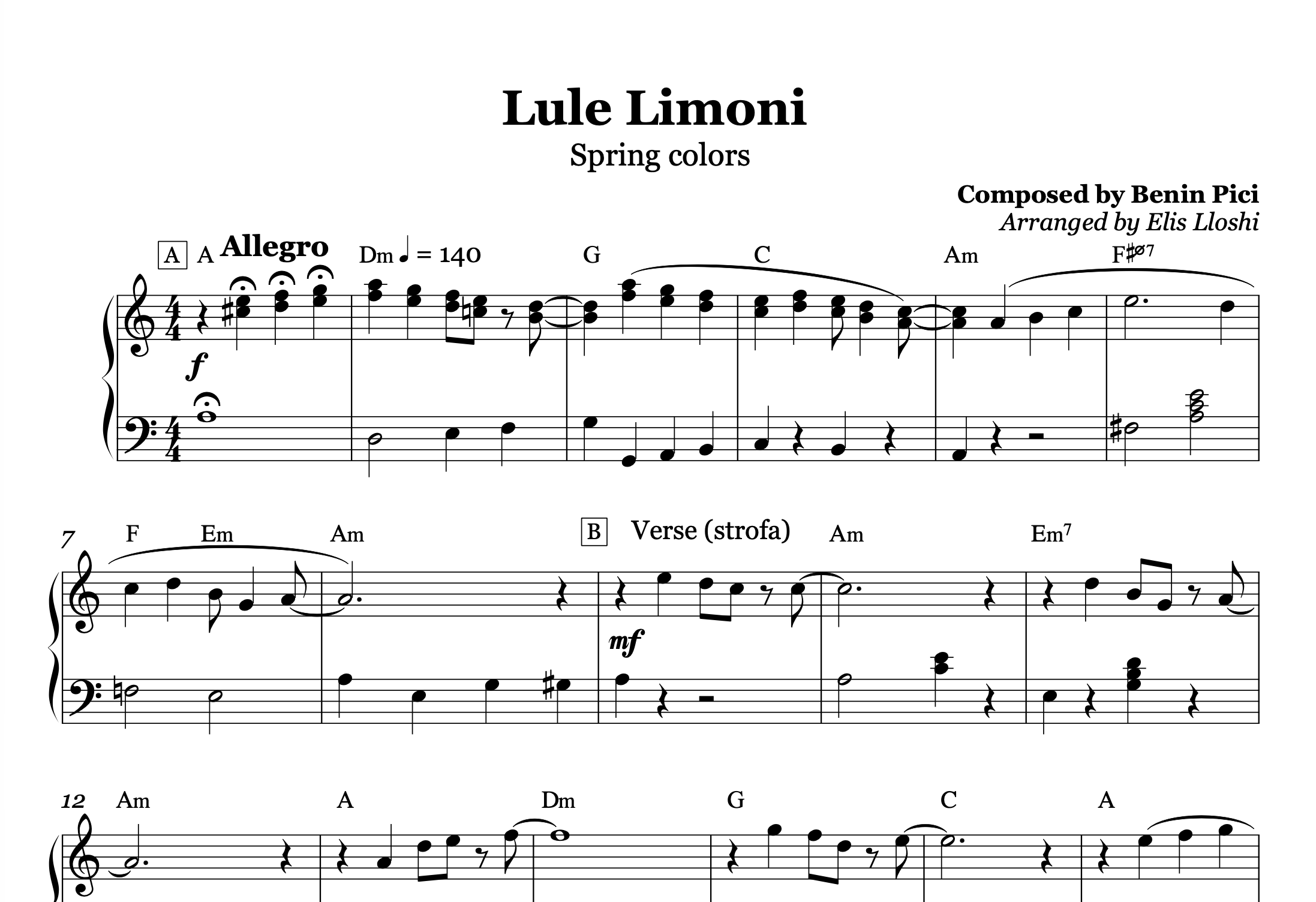 Lule Limoni – Sidrit Bejleri Piano Sheet Music PDF (Easy/Intermediate)