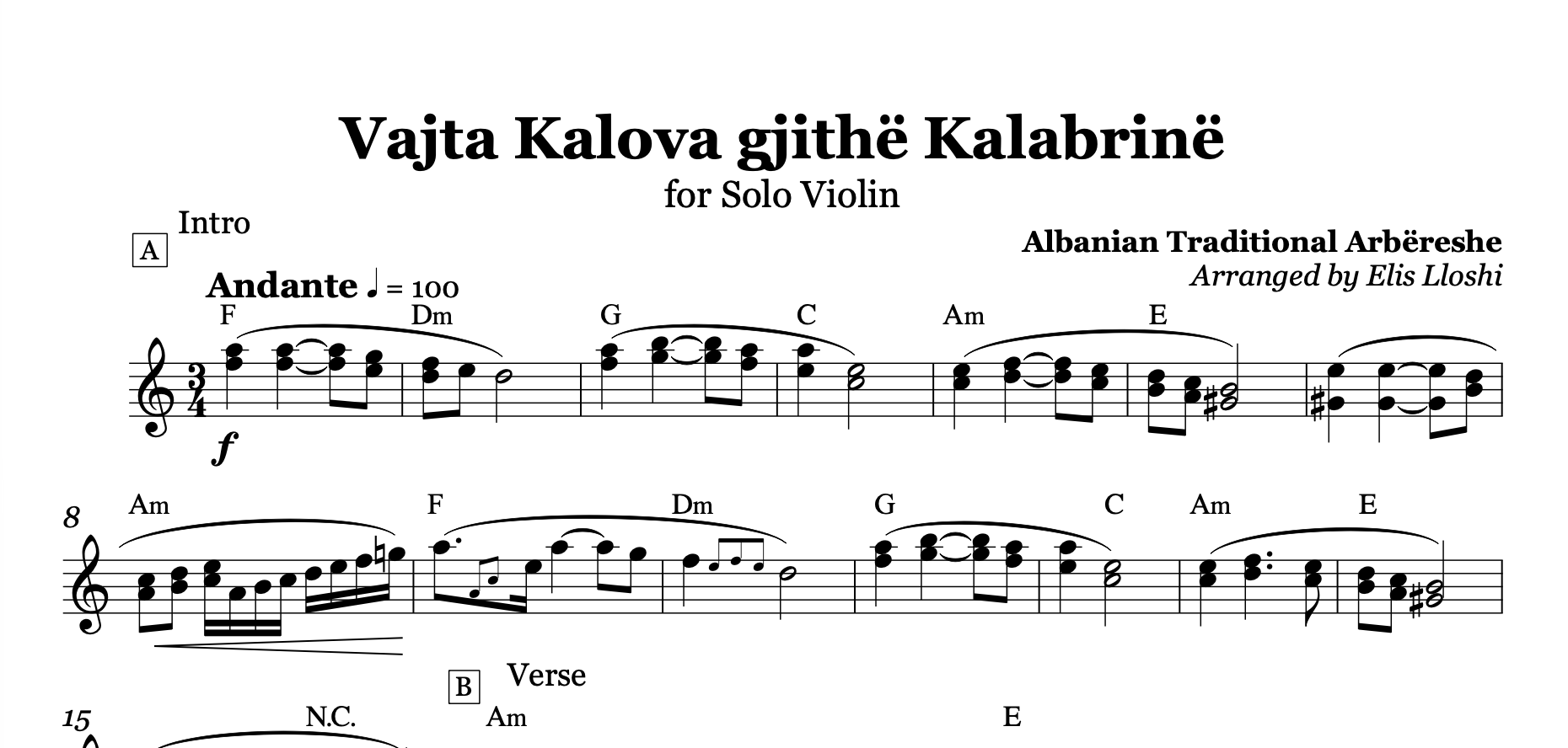 Vajta kalova gjithë Kalabrinë - Lule lule macë macë, Albanian Violin Sheet Music
