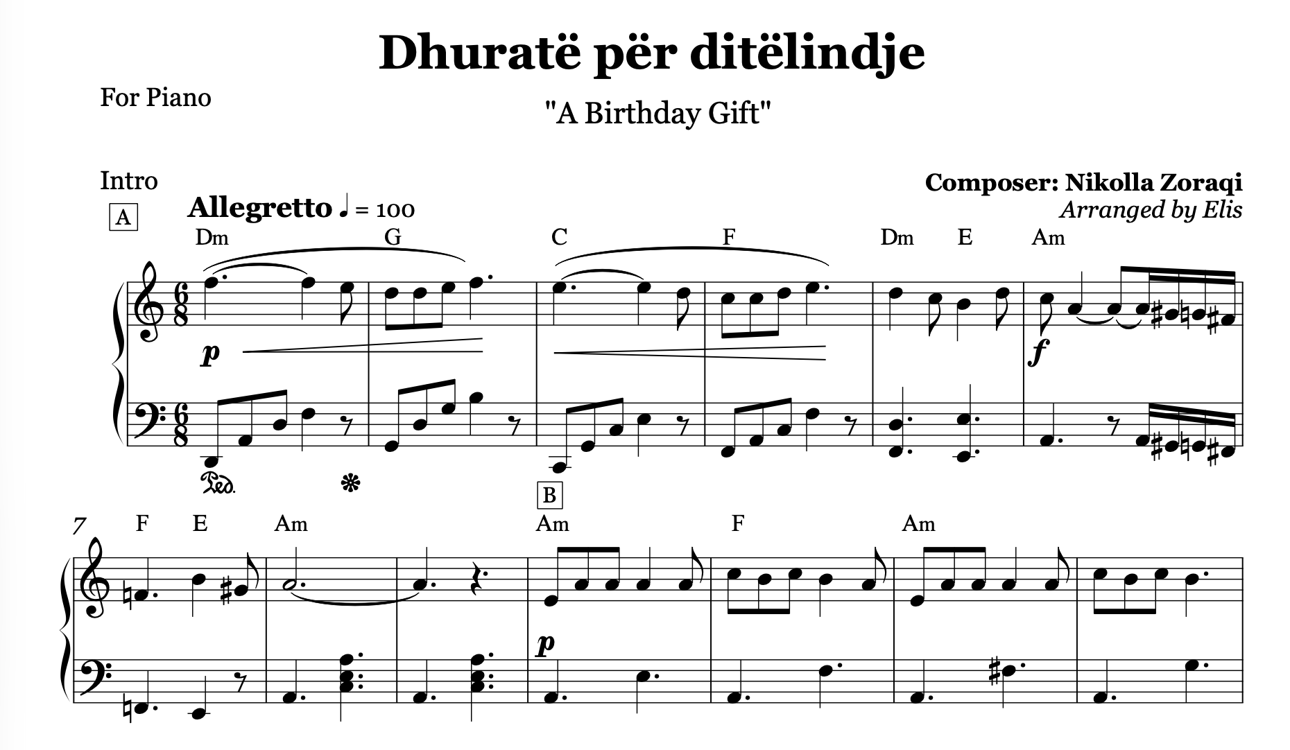 Dhuratë për ditëlindje, Piano sheeet + Chords