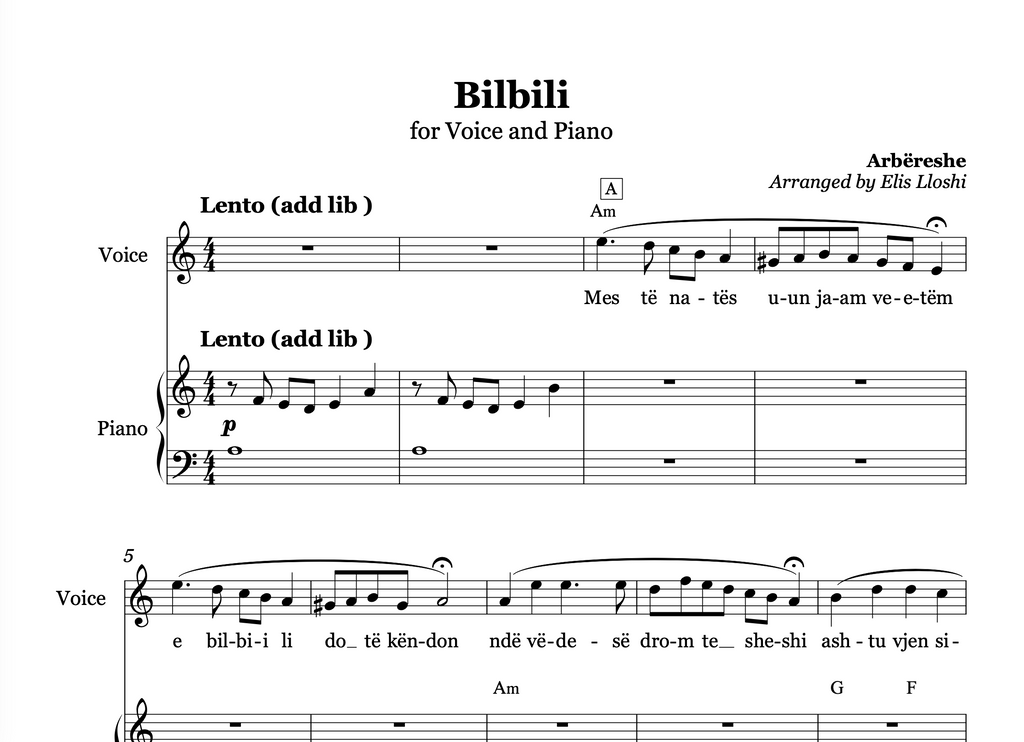Bilbili - Arbëreshe - Piano and Voice Sheet Music
