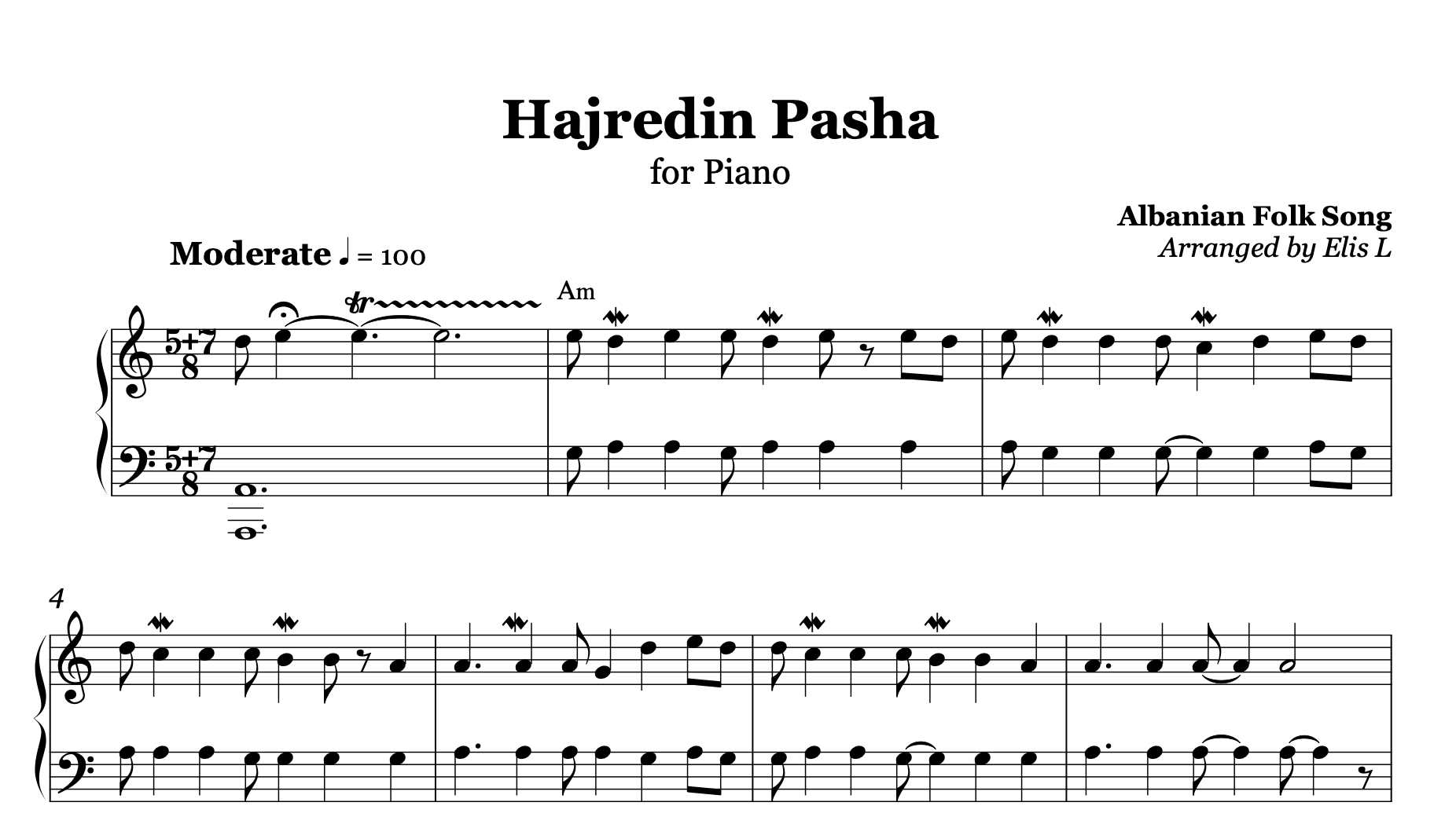 Hajredin Pasha - Albanian Piano Sheet Music