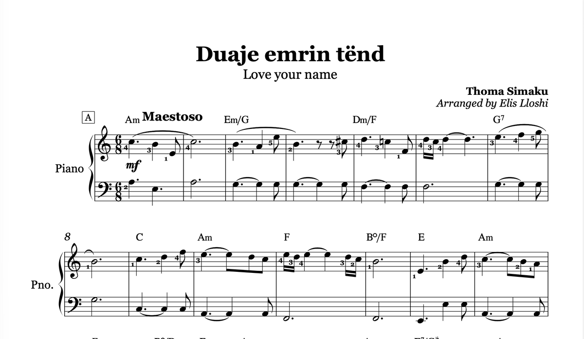 Duaje emrin tënd - Piano Soundtrack Sheet Music
