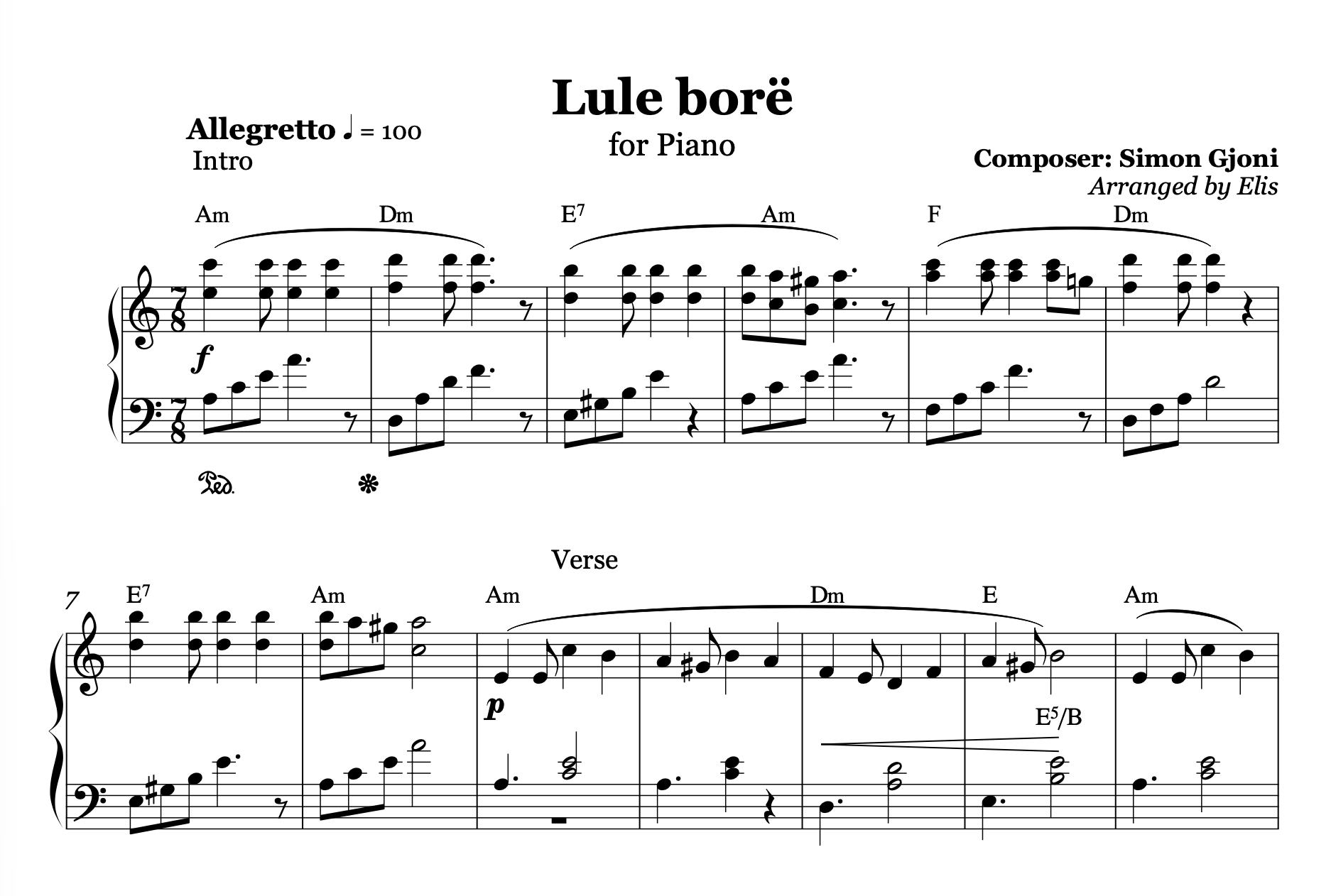 Lule Bore, Piano Sheet Music and Chords