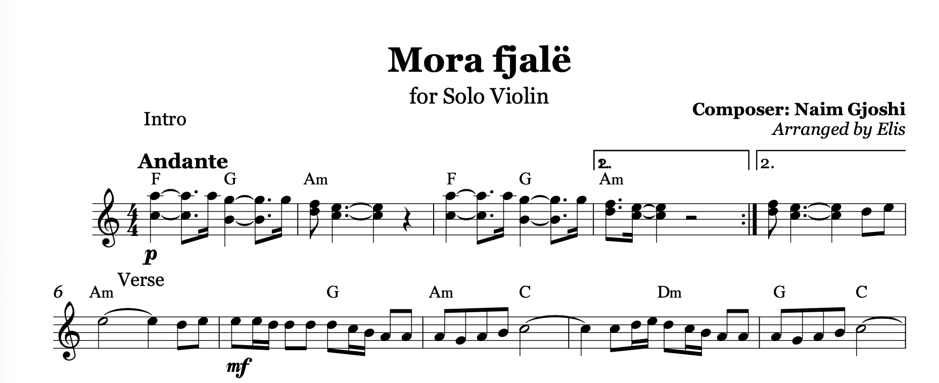 Mora fjalë, Violin Sheet Music