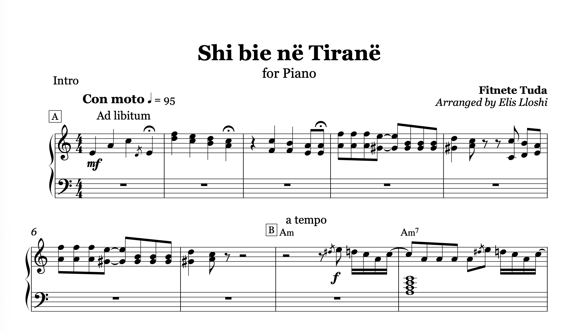 Shi bie në Tiranë – Albanian Piano Sheet Music PDF (Modern Ballad, Intermediate)