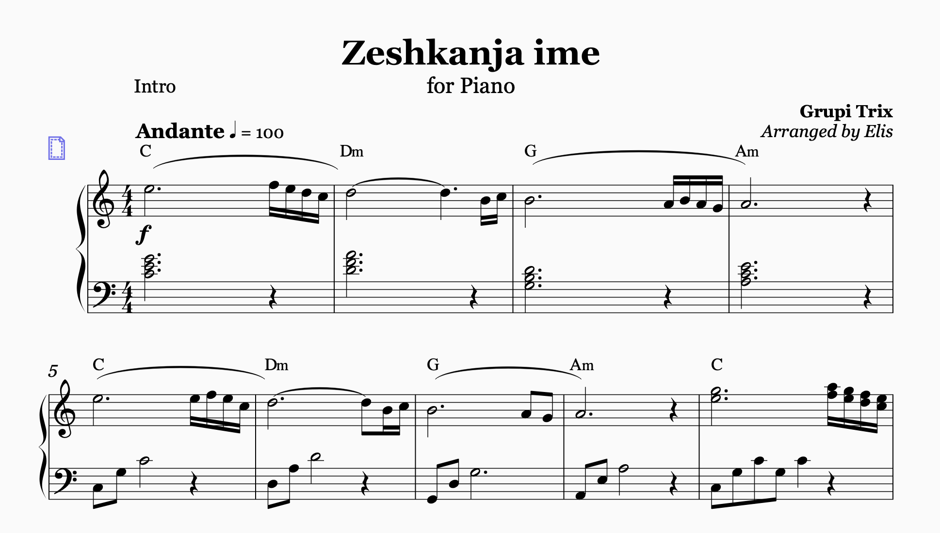 Zeshkanja ime, Piano Sheet Music and Chords