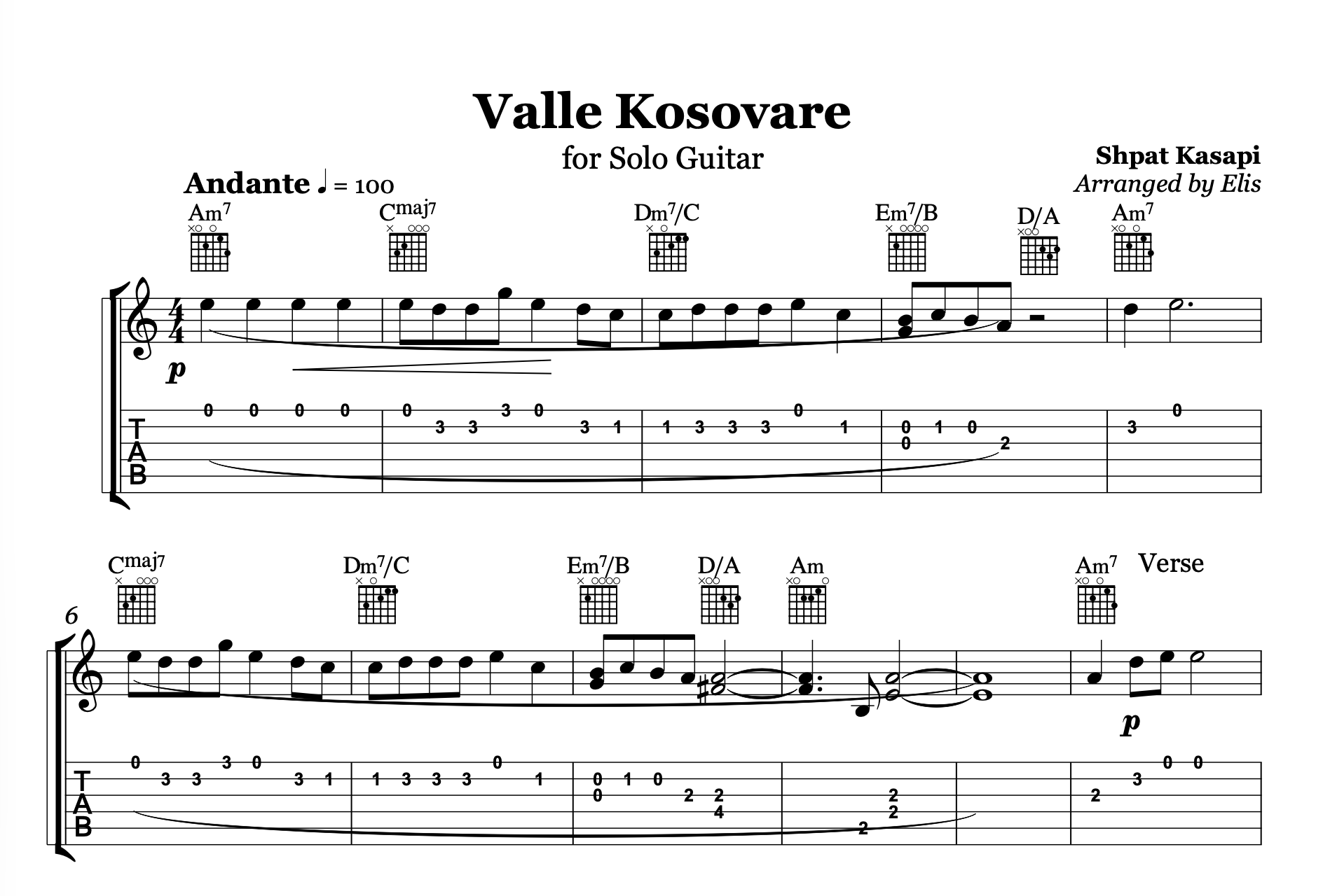 Valle Kosovare, Guitar Sheet Music and Chords