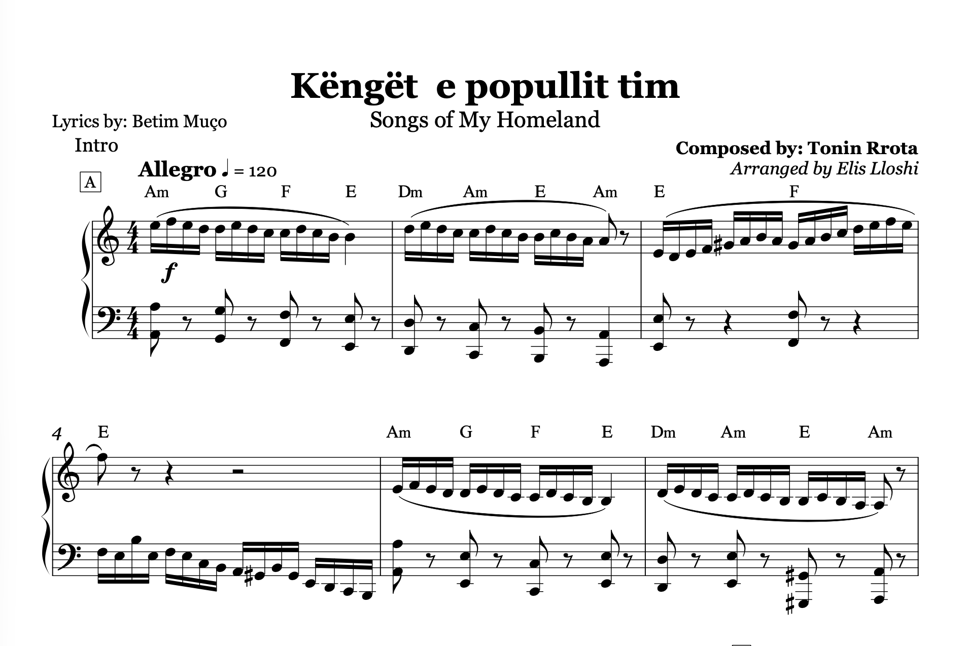 Këngët e Popullit Tim – Albanian Folk Piano Sheet Music PDF