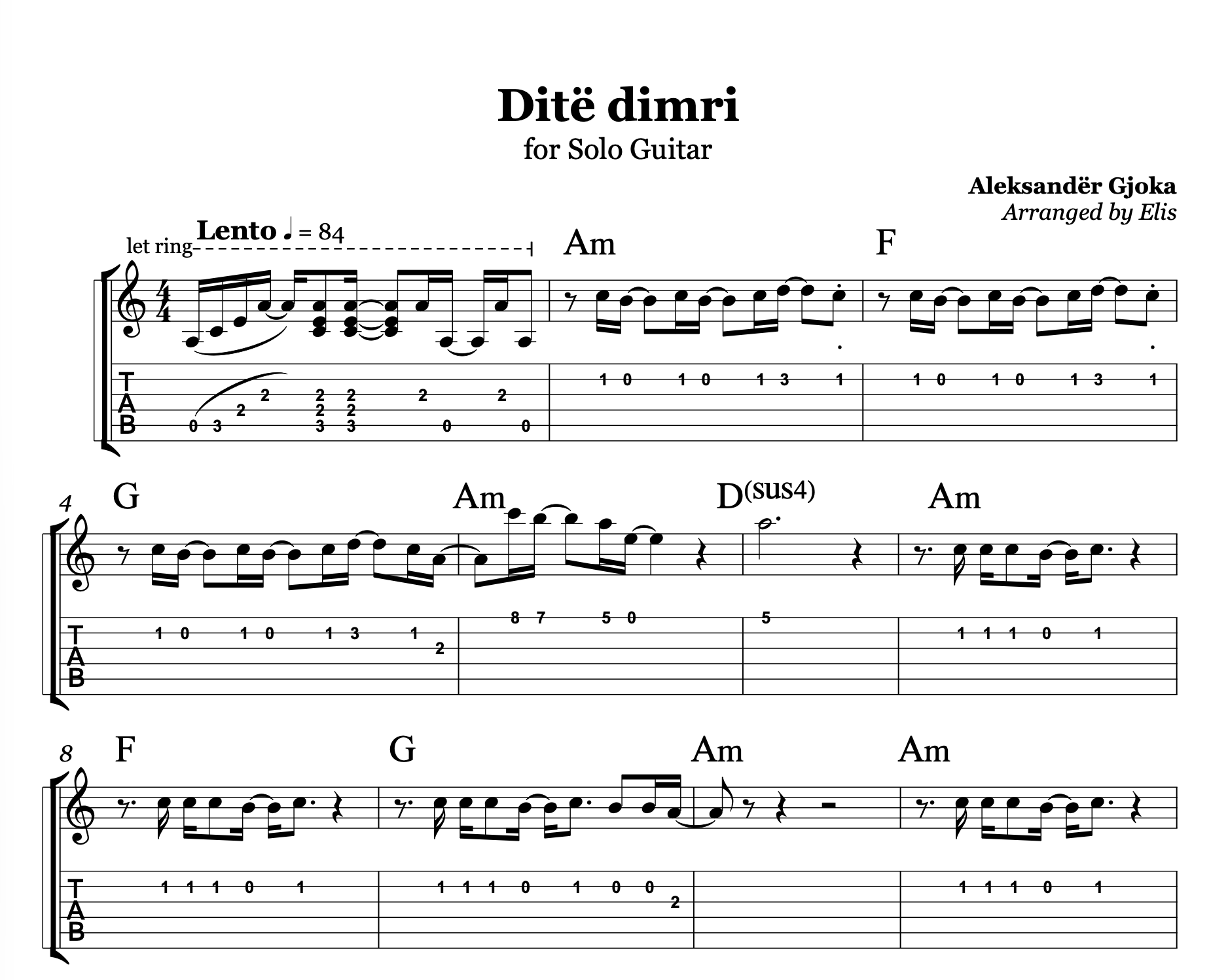 Ditë dimri, Albanian Guitar Sheet Music (Digital PDF Download)