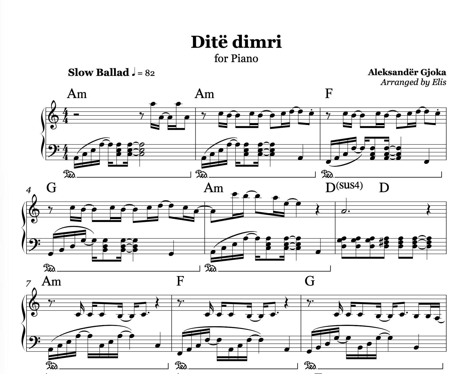 Sheet music for 'Dite dimri' arranged by Elis, featuring musical notation and chords.