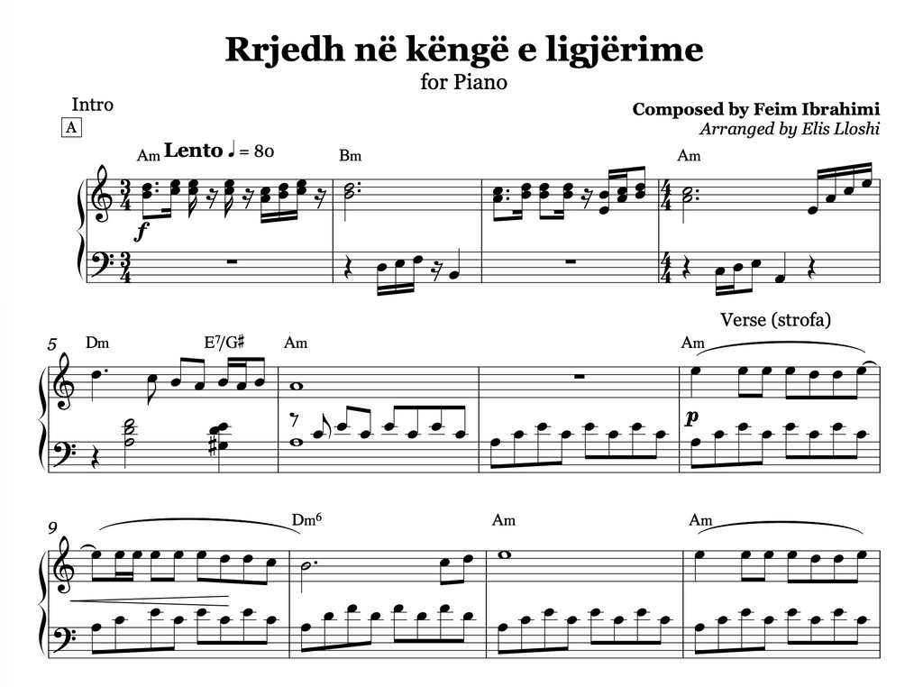 Sheet music for a piano piece titled 'Rrjedh në kèngè e ligjèrime' with musical notation and composer details.