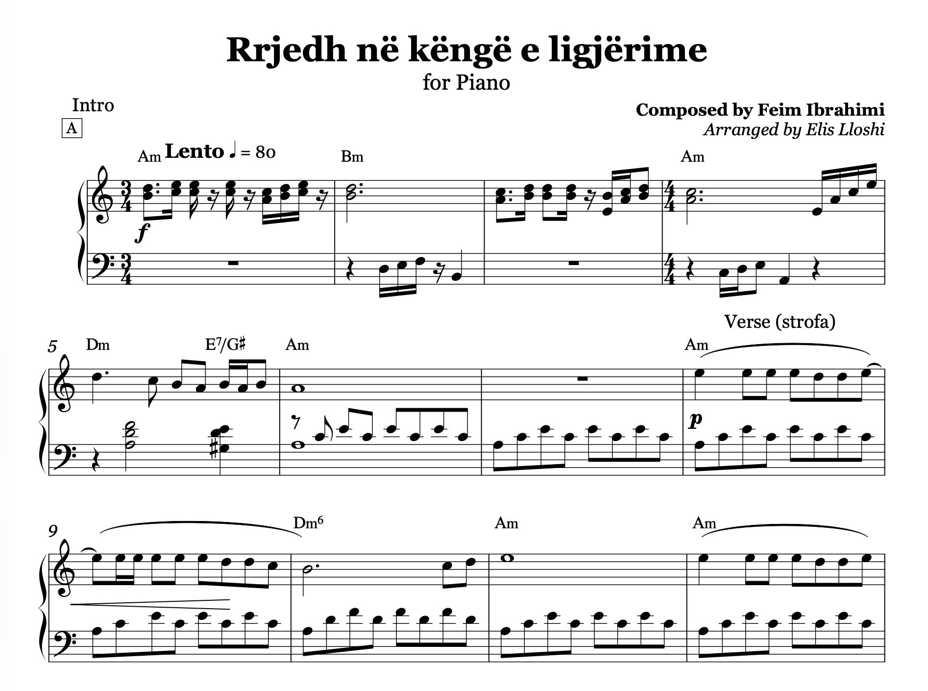 Sheet music for a piano piece titled 'Rrjedh në kèngè e ligjèrime' with musical notation and composer details.