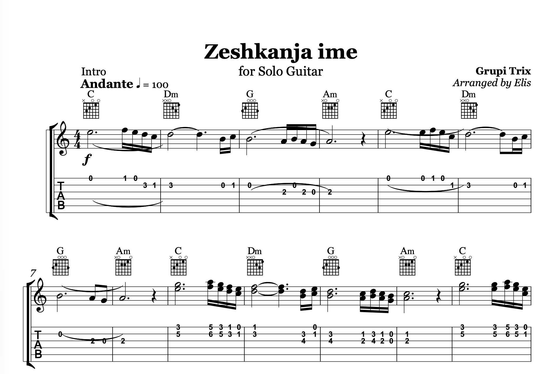 Sheet music for 'Zeshkanja ime' arranged for solo guitar with tablature and tempo indication.