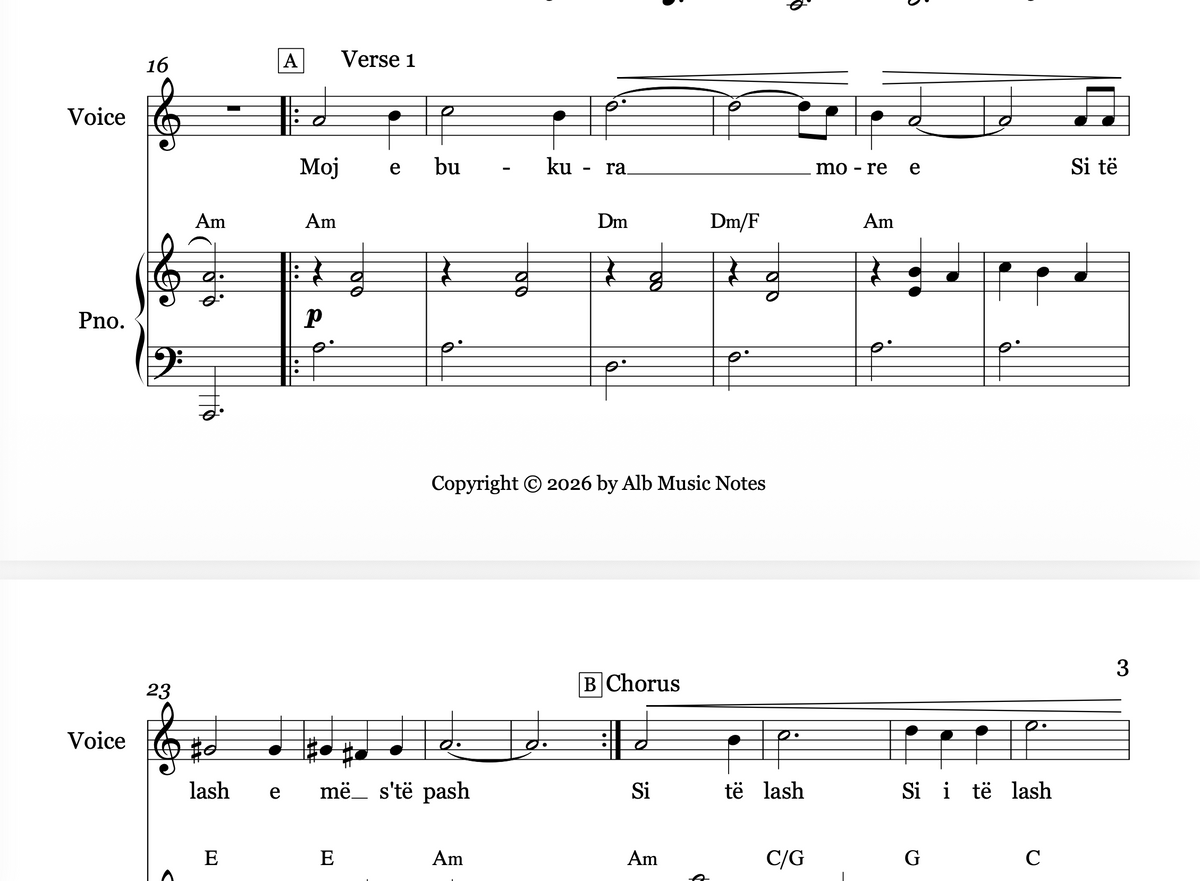 Moj e bukura more - Piano and Voice Sheet Music