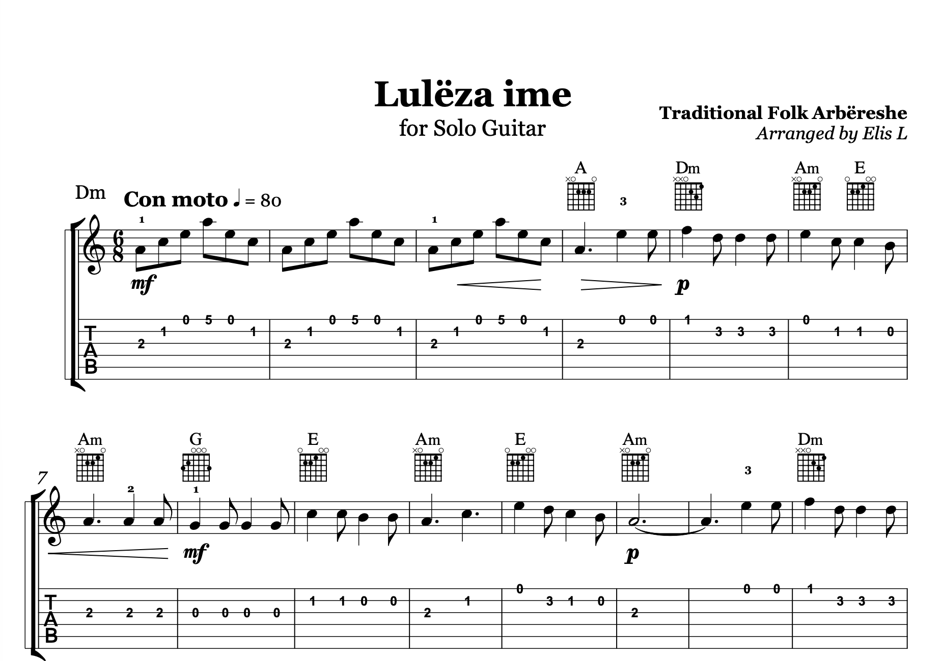 Lulëzo Lulëza ime, Albanian Guitar Sheet Music
