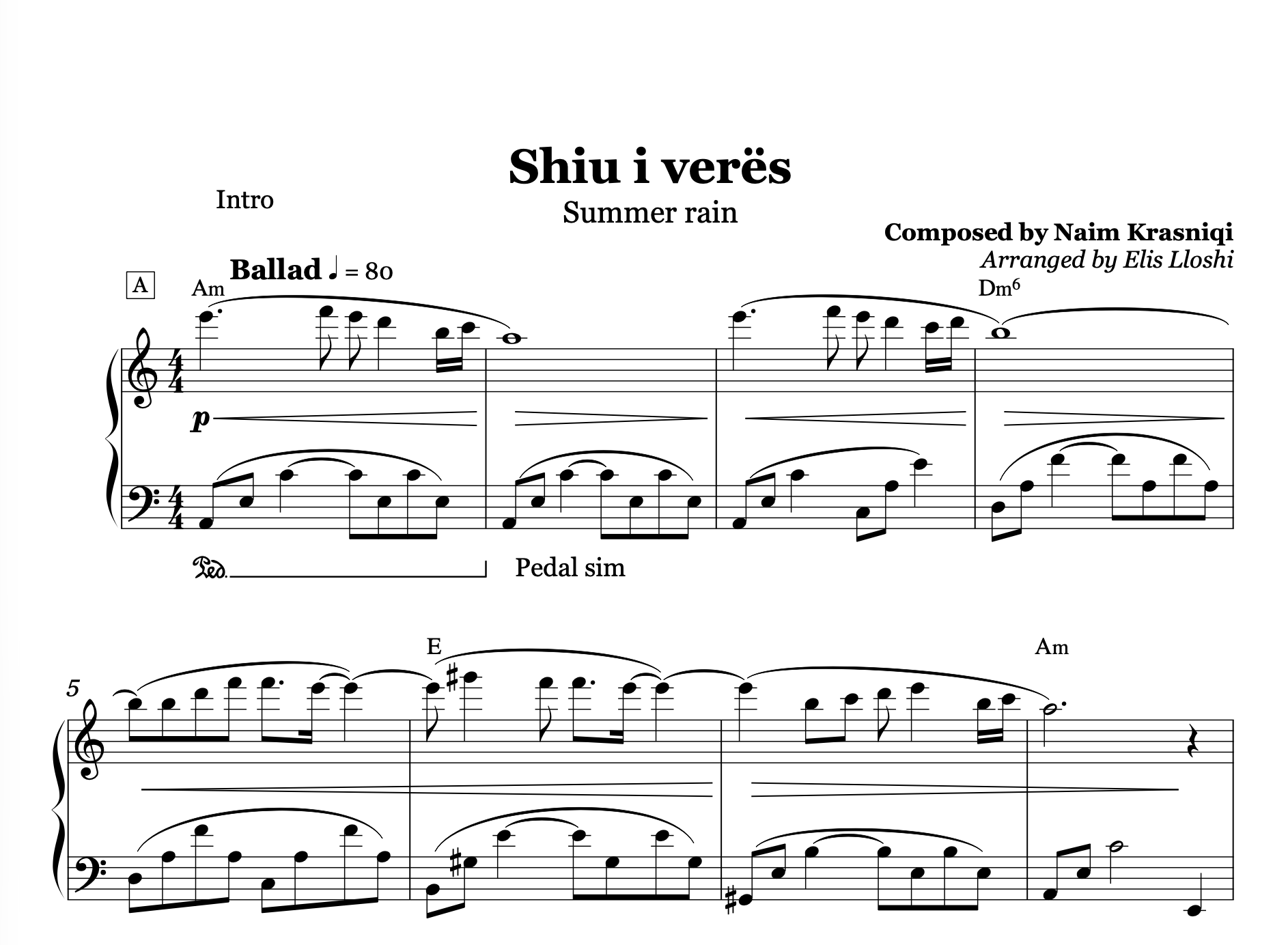 Shiu i verës, Albanian Piano Sheet Music