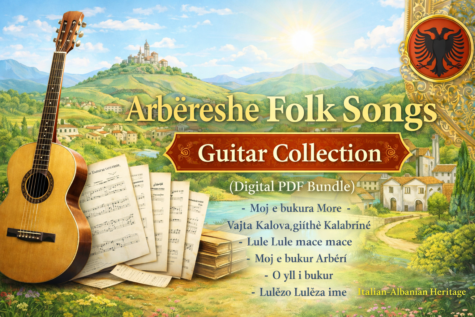 Guitar collection with Albanian folk songs on a scenic background