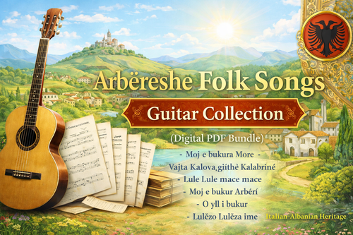 Guitar collection with Albanian folk songs on a scenic background