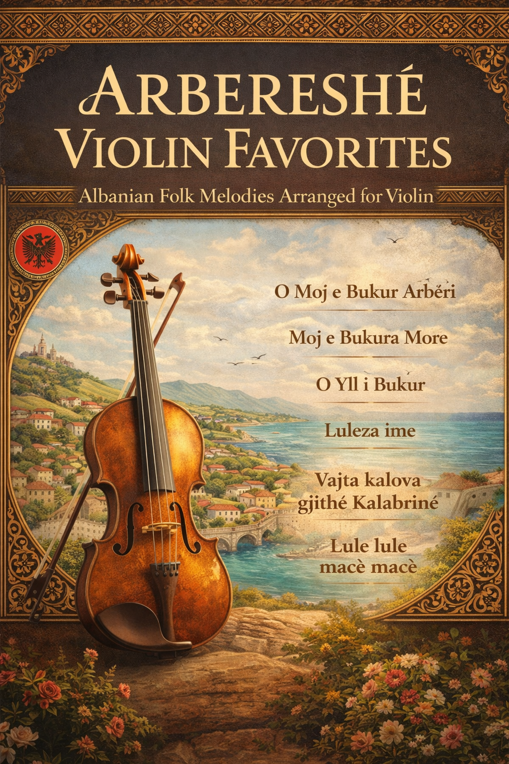 Book cover of 'Arbereshé Violin Favorites' with a violin and scenic illustration.