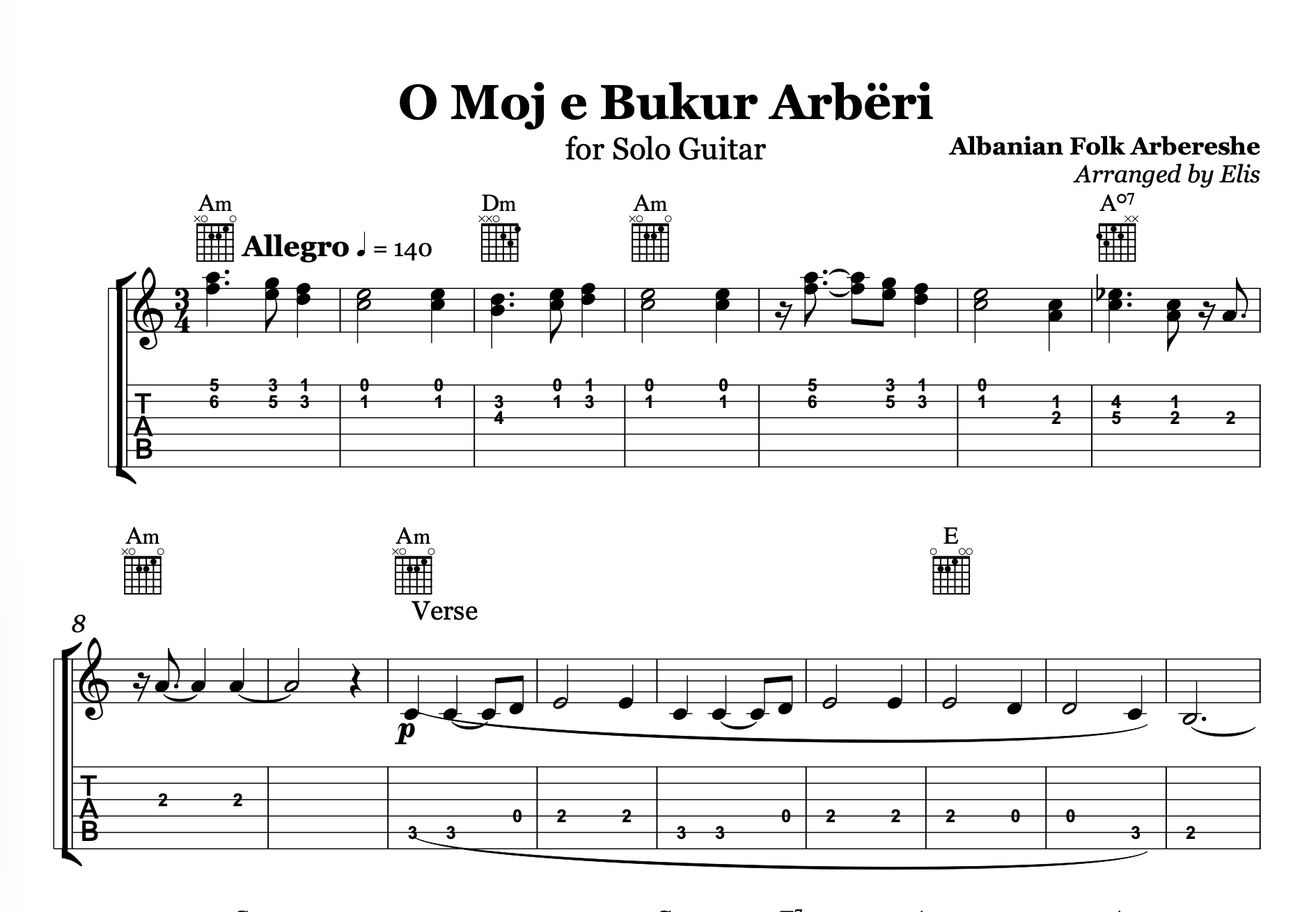 Sheet music for 'O Moj e Bukur Arberi' arranged for solo guitar with chords and tempo information.