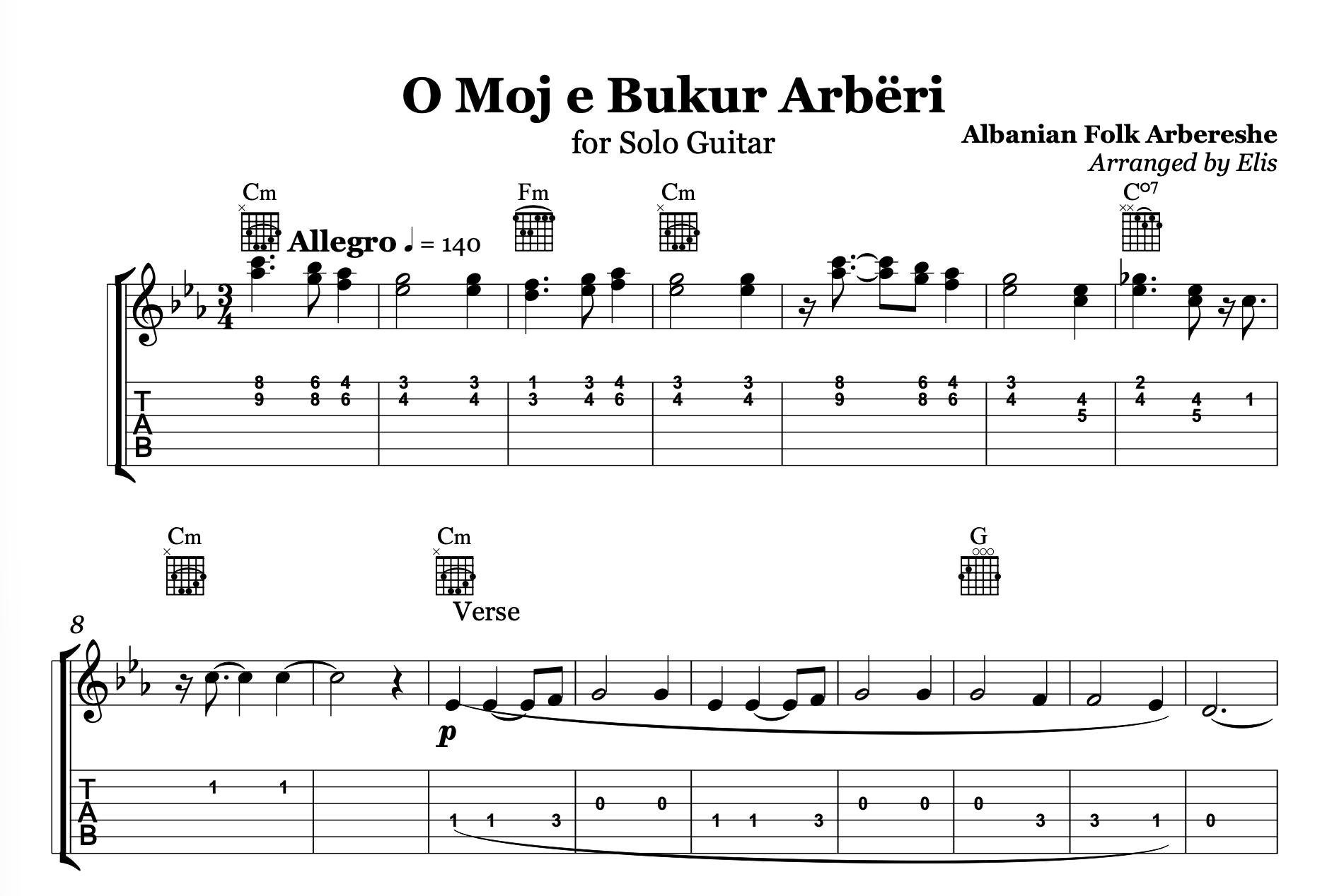 O Moj e Bukur Arbëri, Albanian Guitar Sheet Music
