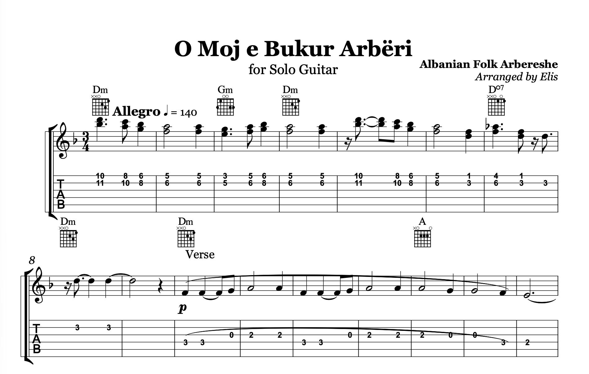 O Moj e Bukur Arbëri, Albanian Guitar Sheet Music