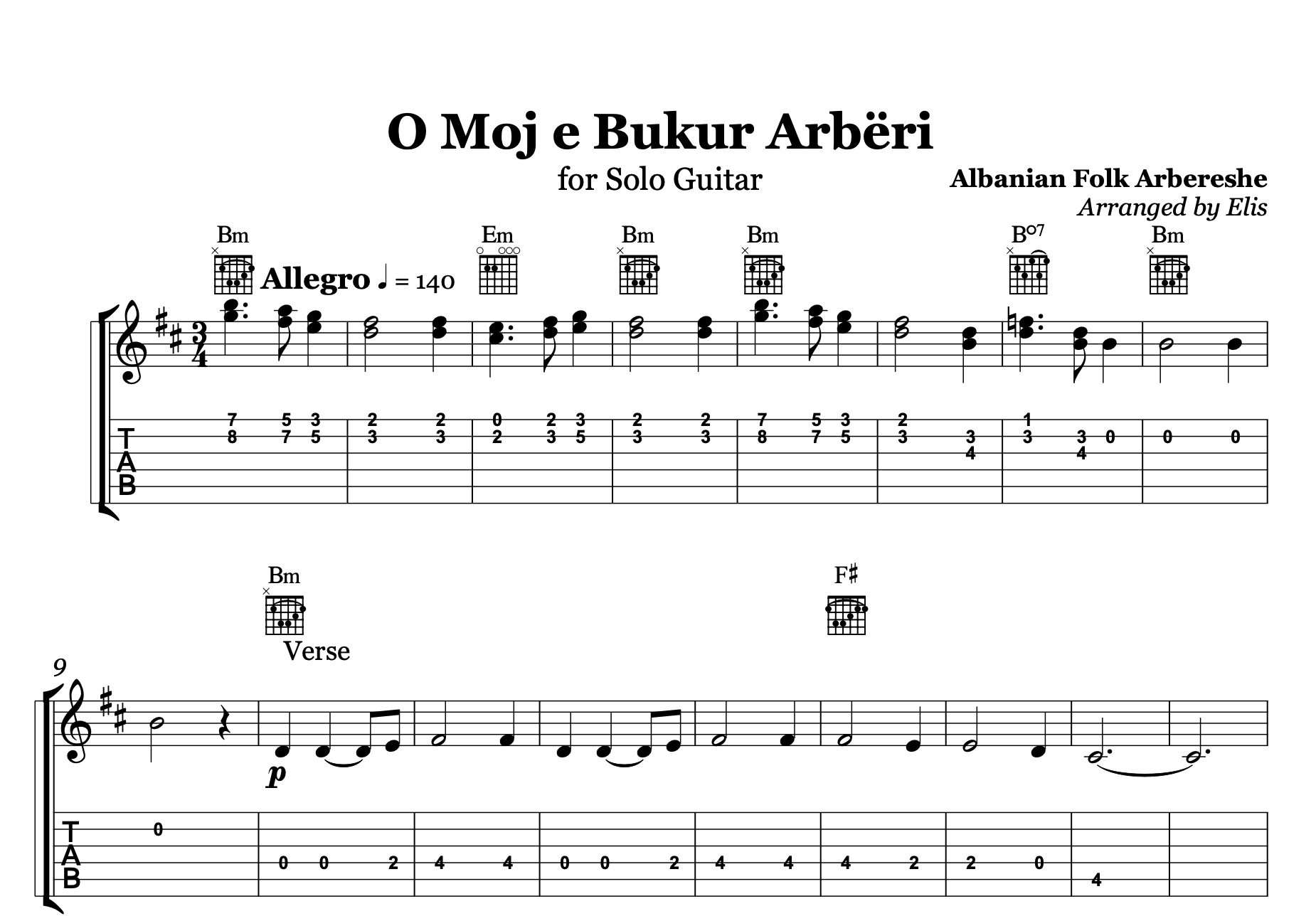 O Moj e Bukur Arbëri, Albanian Guitar Sheet Music