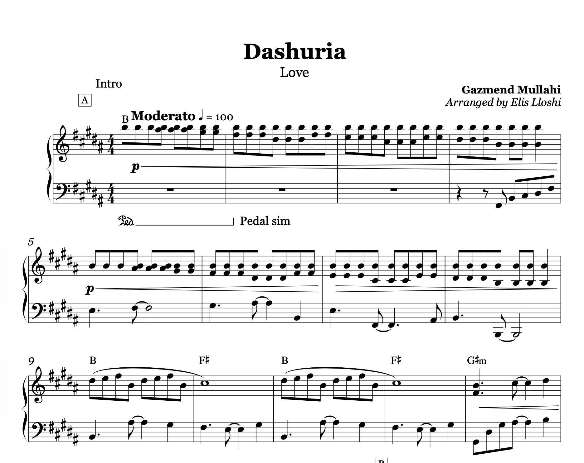 Sheet music for 'Dashuria' by Gazmend Mullahi, arranged by Elis lloshi, with musical notation and text.