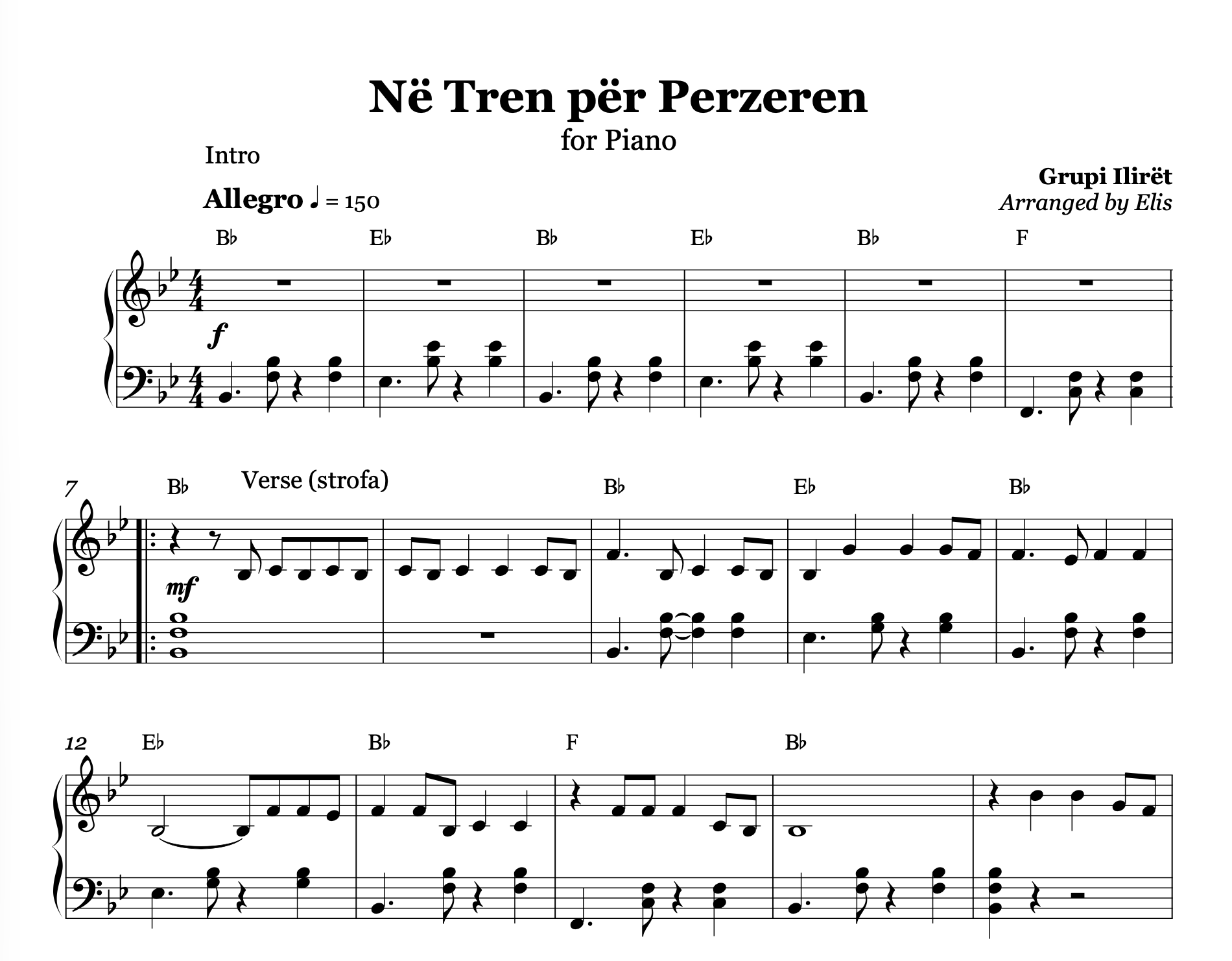 Në Tren për Perzeren, Albanian Piano Sheet Music